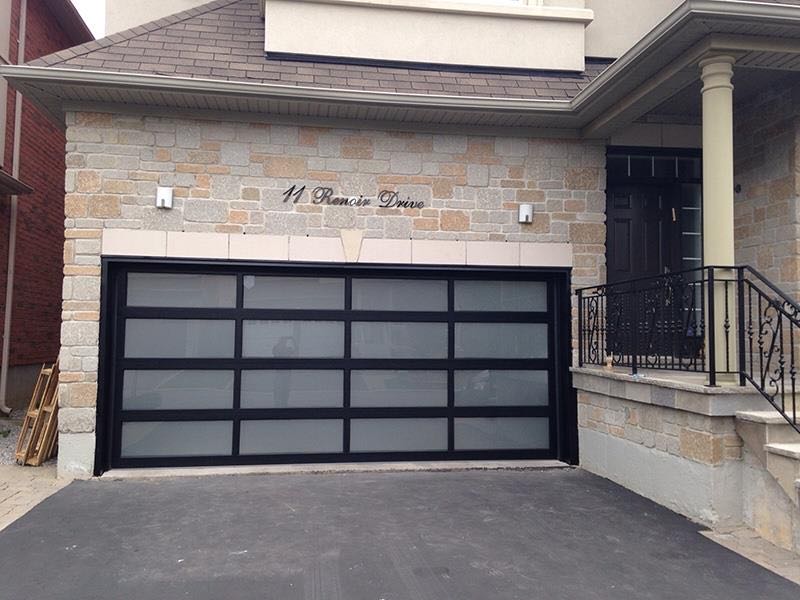 16 X 8 Full View Modern Garage Door With Matte Black Finish With Frosted  Glass