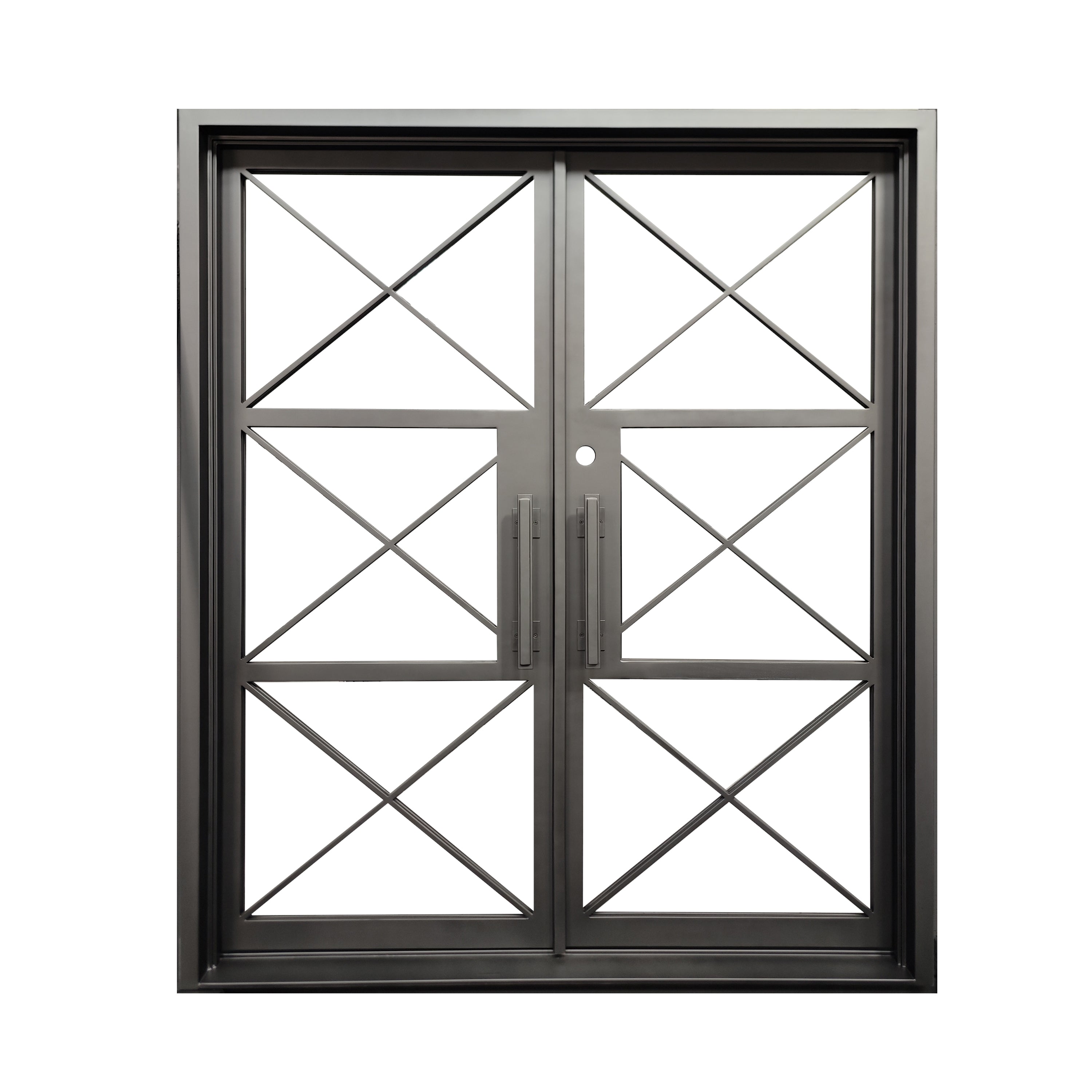 Prosper Model Double Front Entry Iron Door With Tempered Low E Clear Glass Matt Black Finish