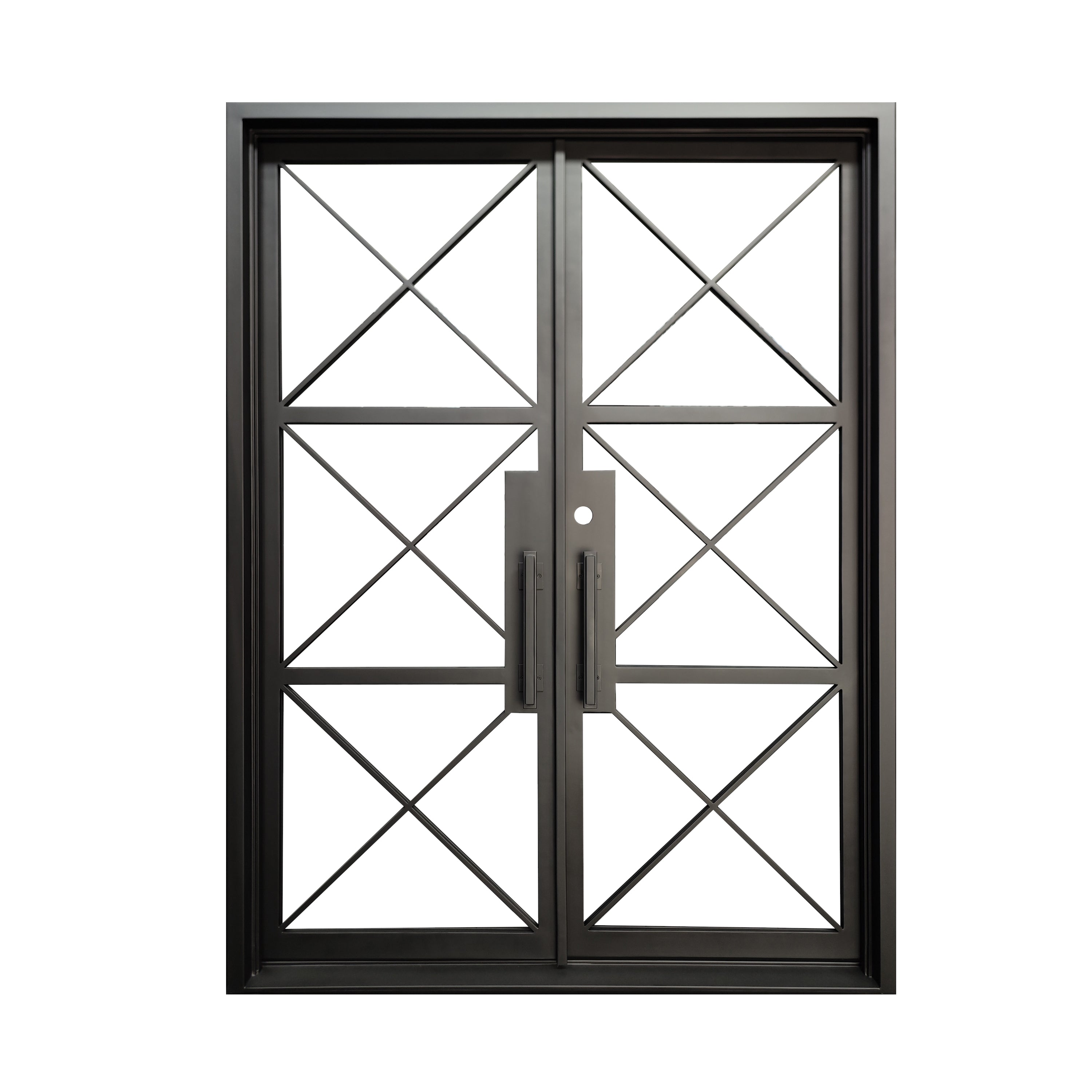 Prosper Model Double Front Entry Iron Door With Tempered Low E Clear Glass Matt Black Finish