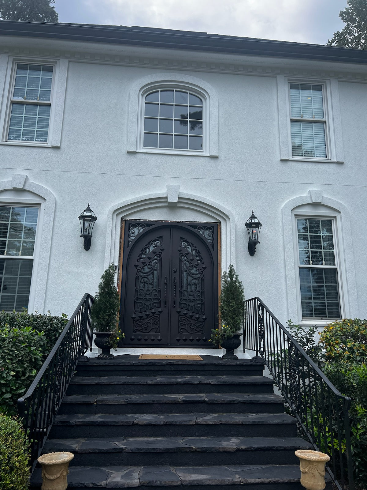 Canton Model Double Front Entry Iron Door With Tempered Rain Glass Dark Bronze Finish