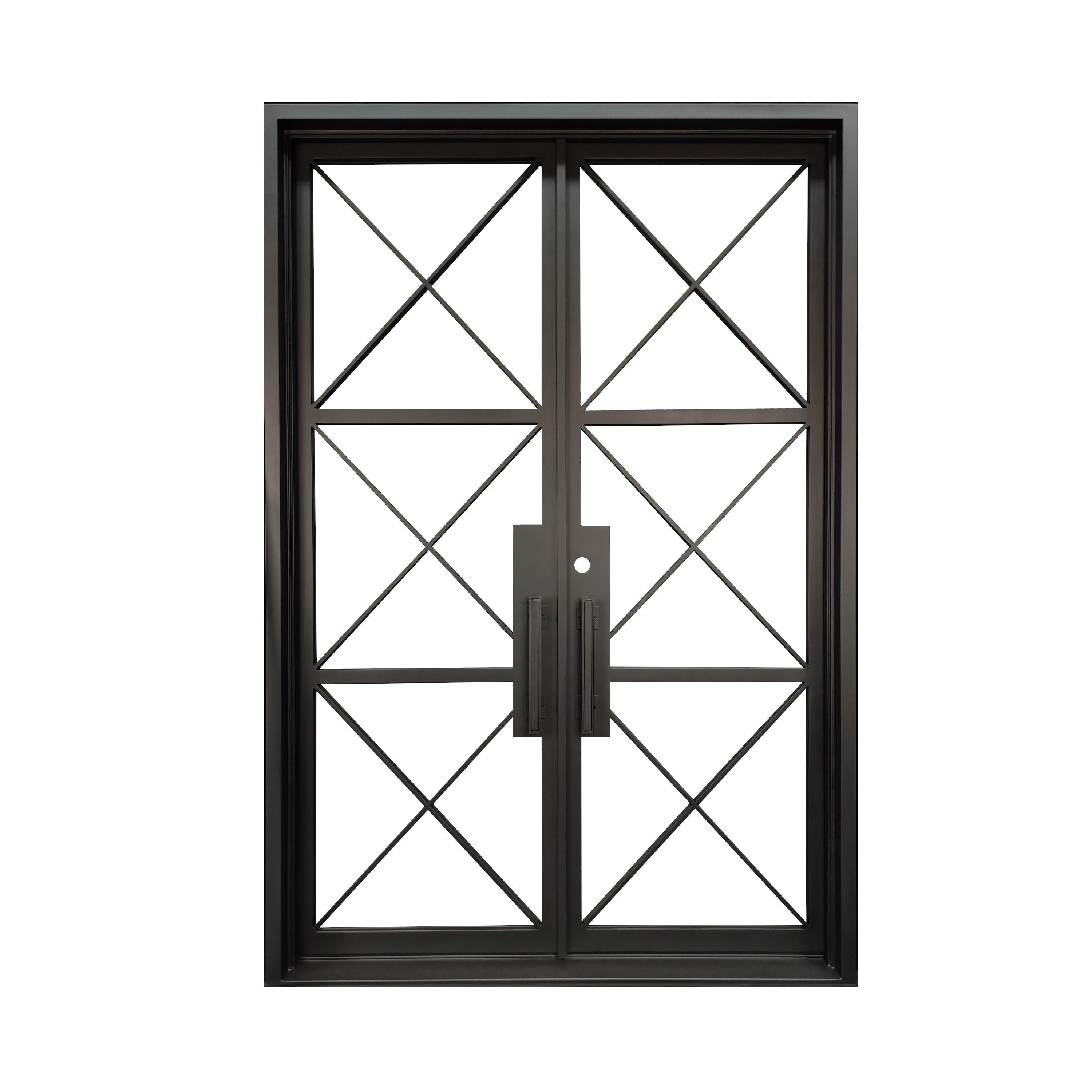 Prosper Model Double Front Entry Iron Door With Tempered Low E Clear Glass Matt Black Finish