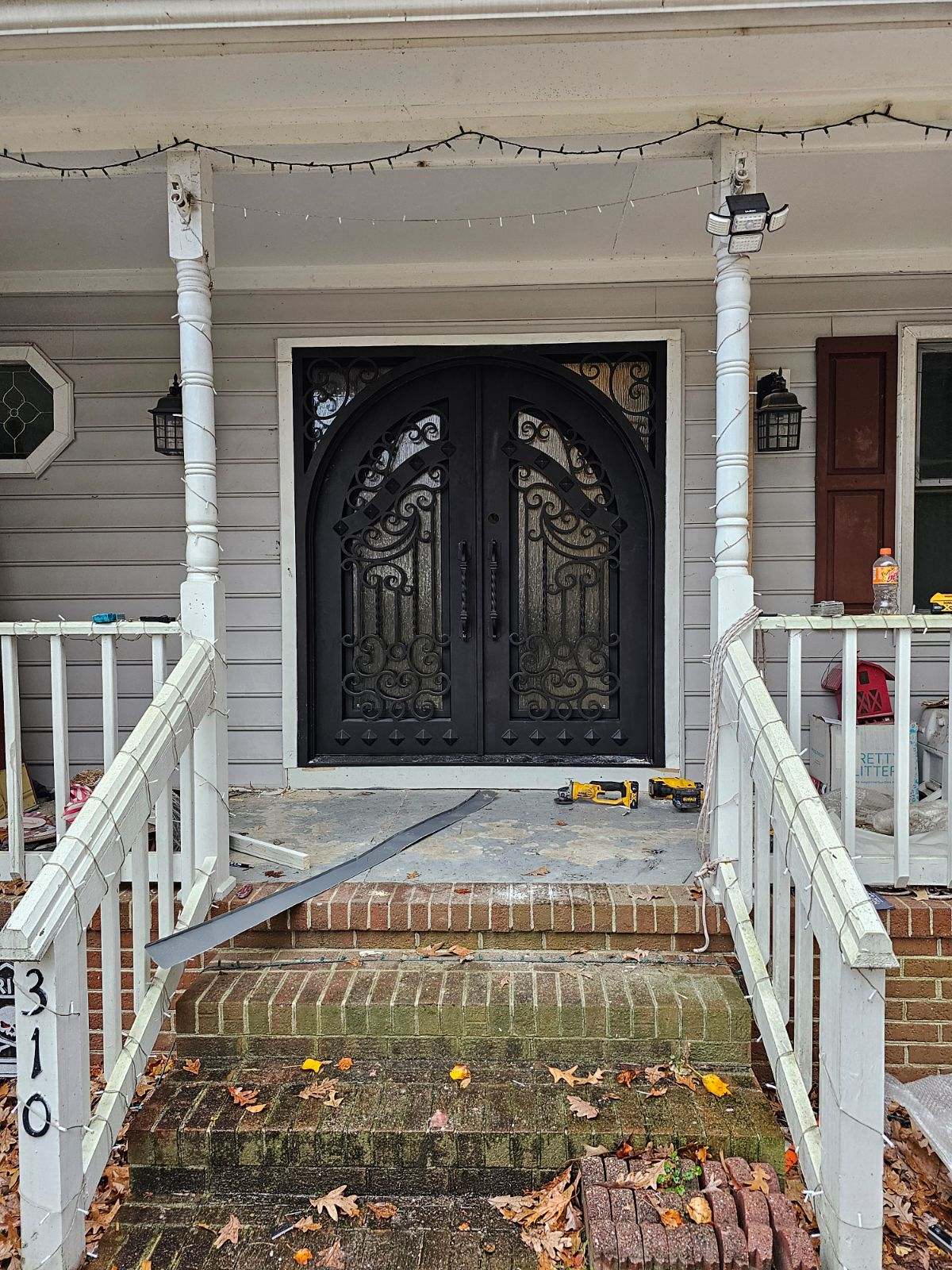 Cresson Model Double Front Entry Iron Door With Tempered Rain Glass Dark Bronze Finish