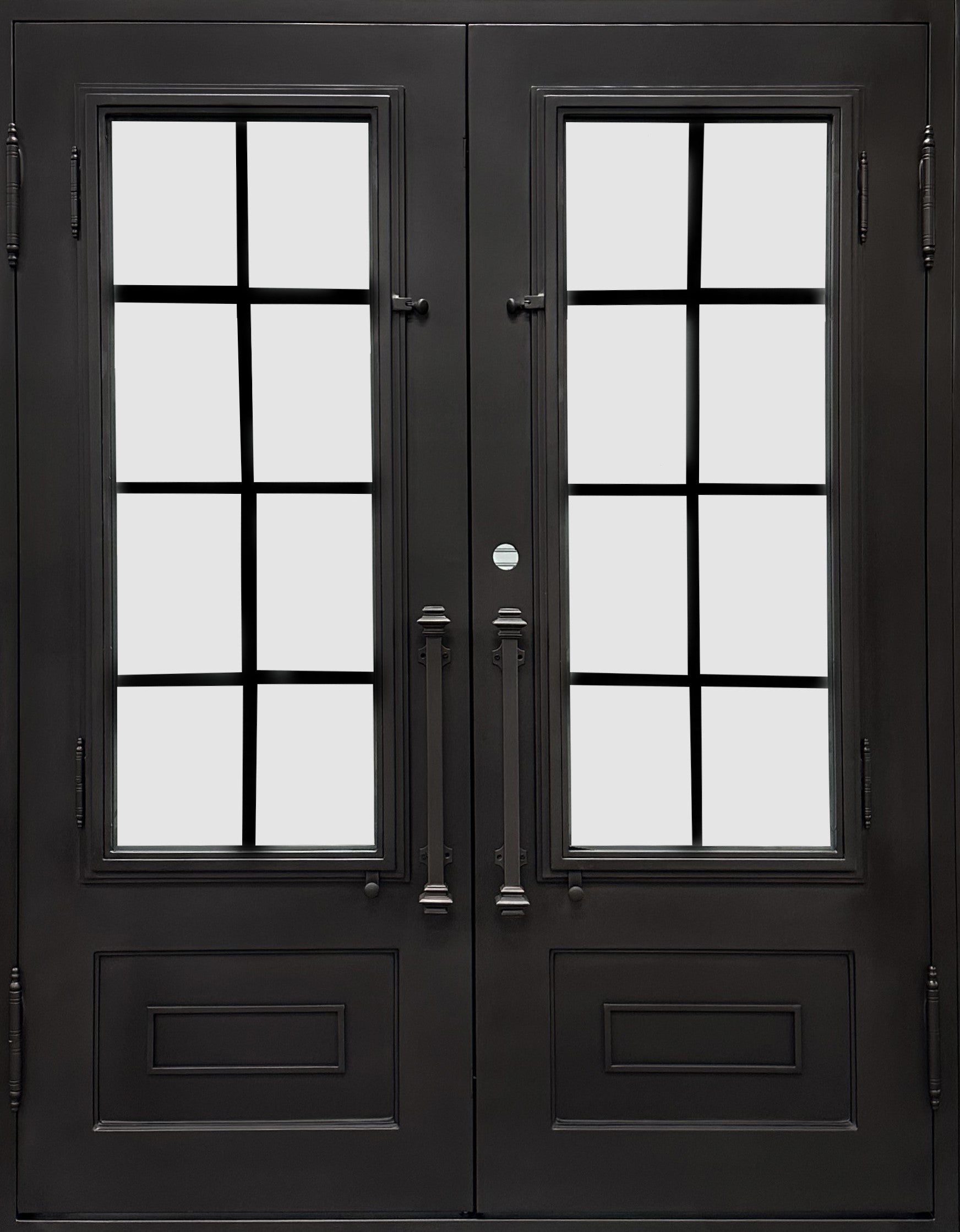 Aldine Model Double Front Entry Iron Door With Tempered Rain Glass Dark Bronze Finish