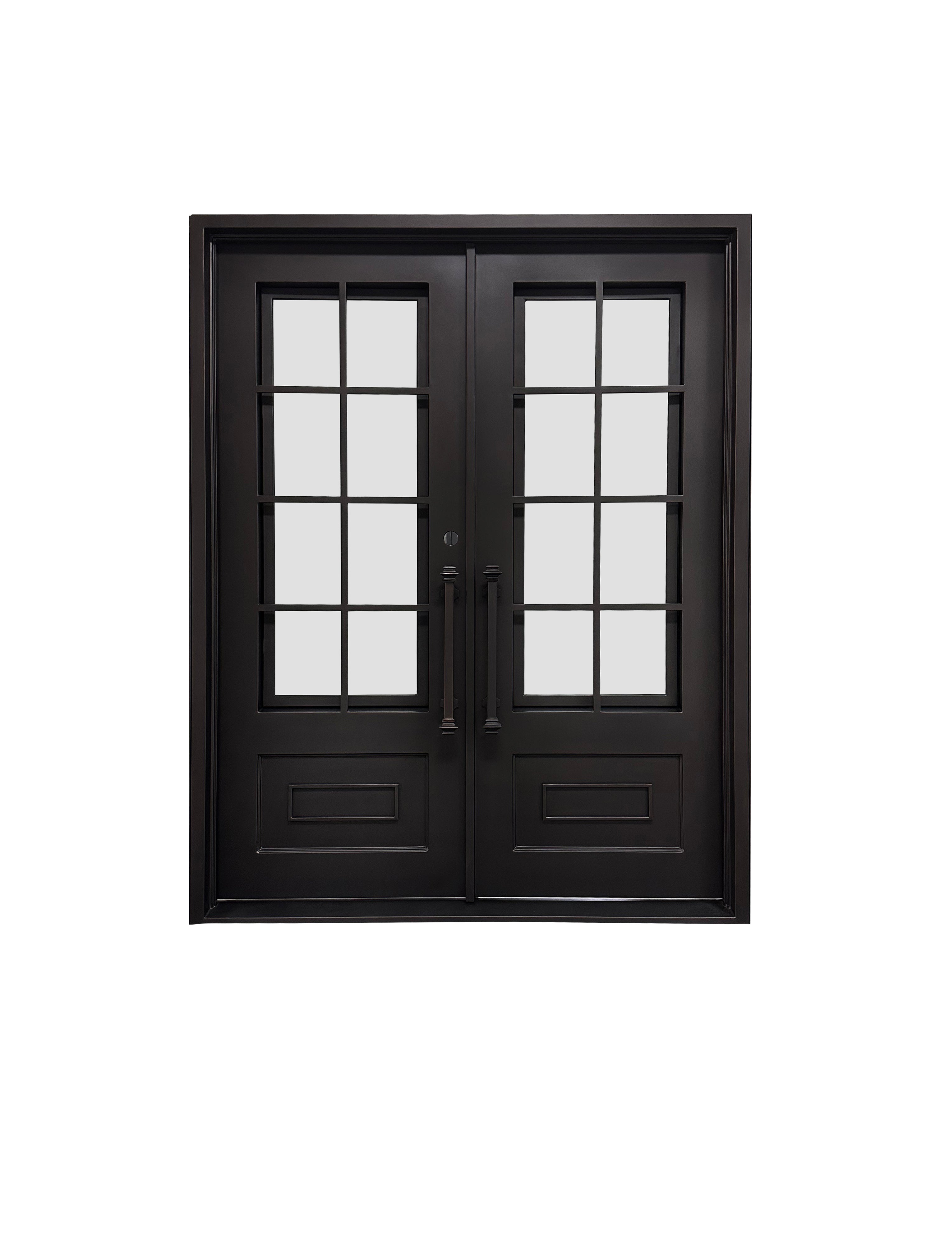 Aldine Model Double Front Entry Iron Door With Tempered Rain Glass Dark Bronze Finish