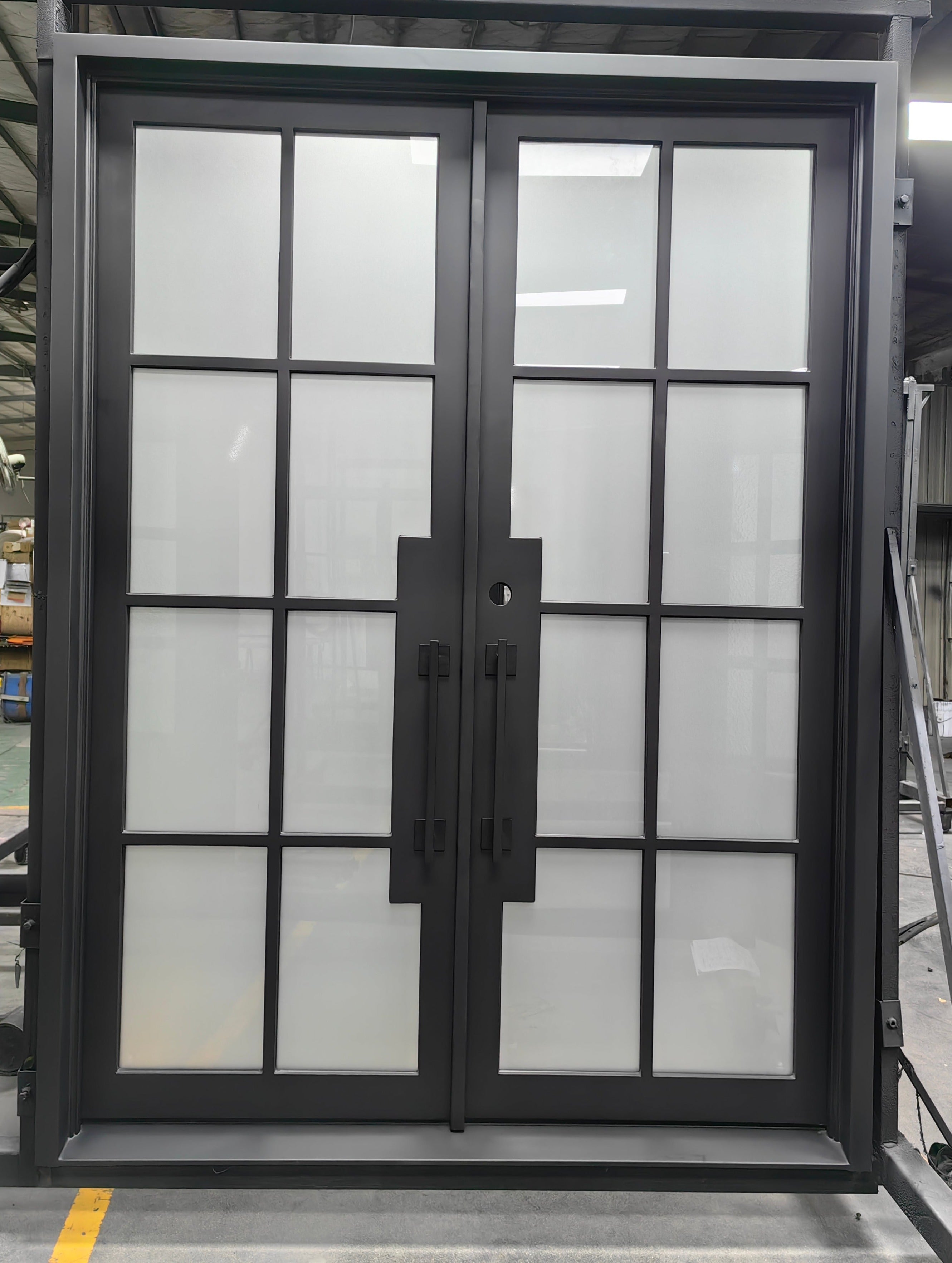 Beaumont Double Front Entry Iron Door With Tempered Frosted Glass Matt Black Finish