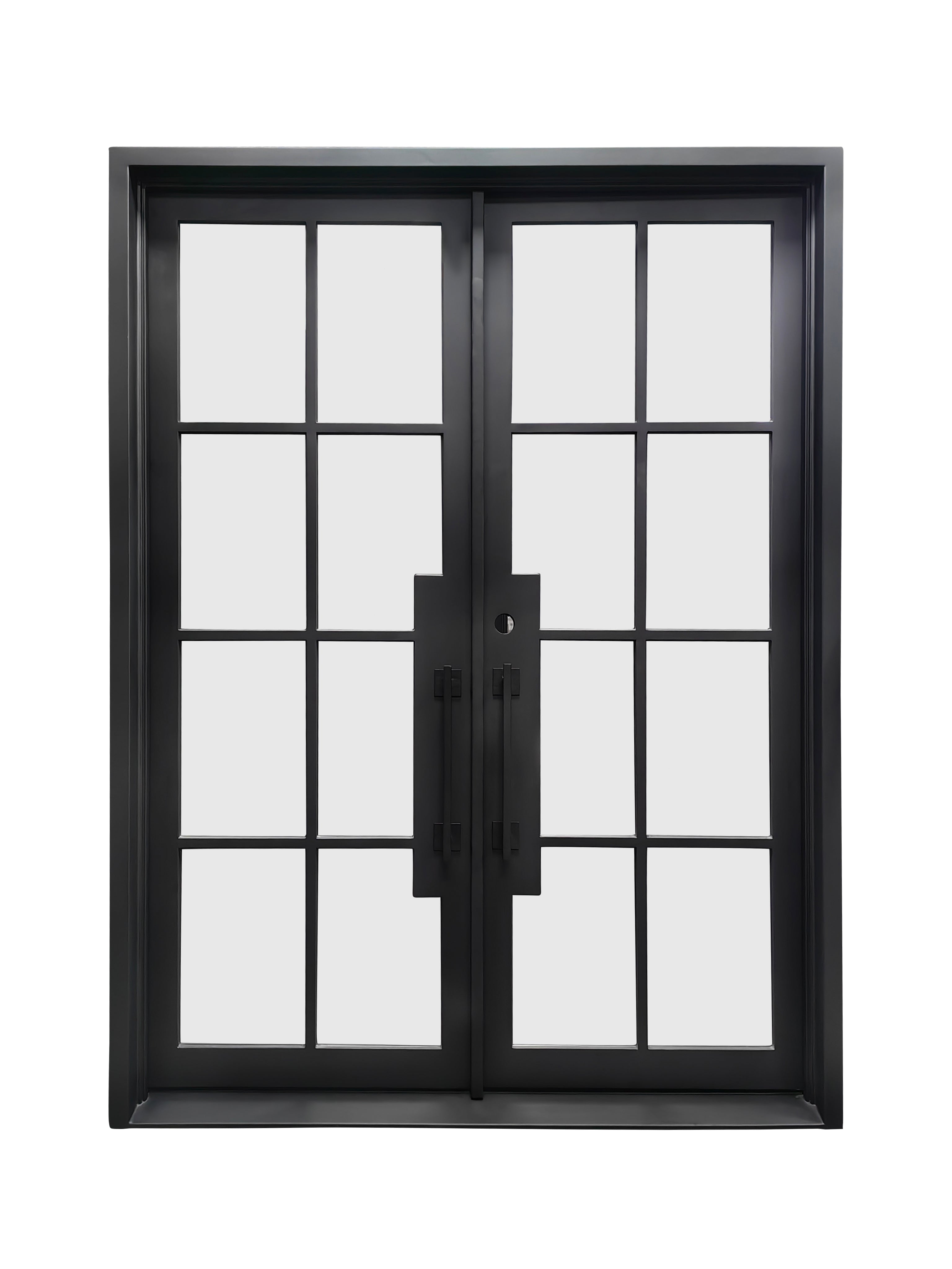 Beaumont Double Front Entry Iron Door With Tempered Frosted Glass Matt Black Finish