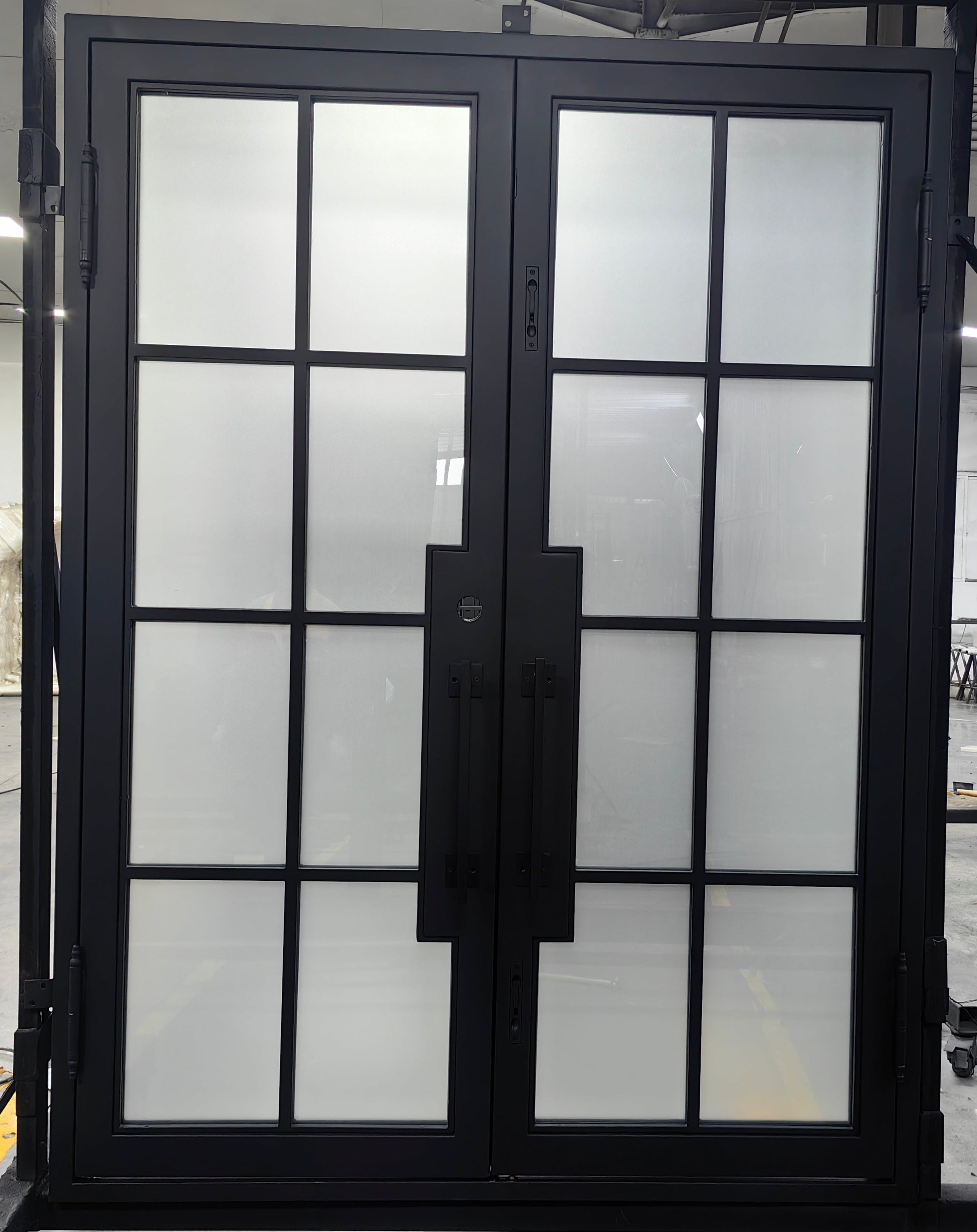 Beaumont Double Front Entry Iron Door With Tempered Frosted Glass Matt Black Finish