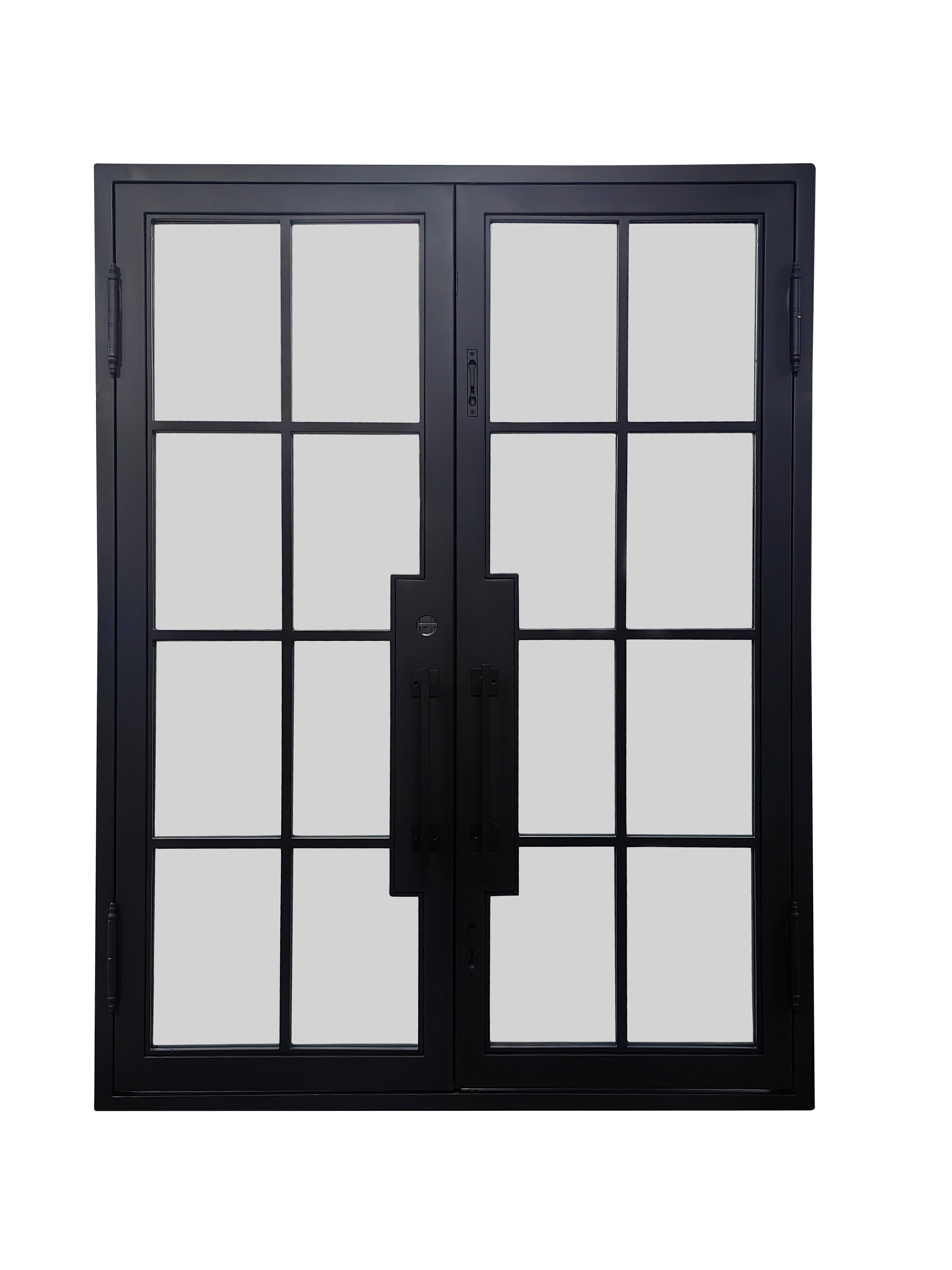 Beaumont Double Front Entry Iron Door With Tempered Frosted Glass Matt Black Finish