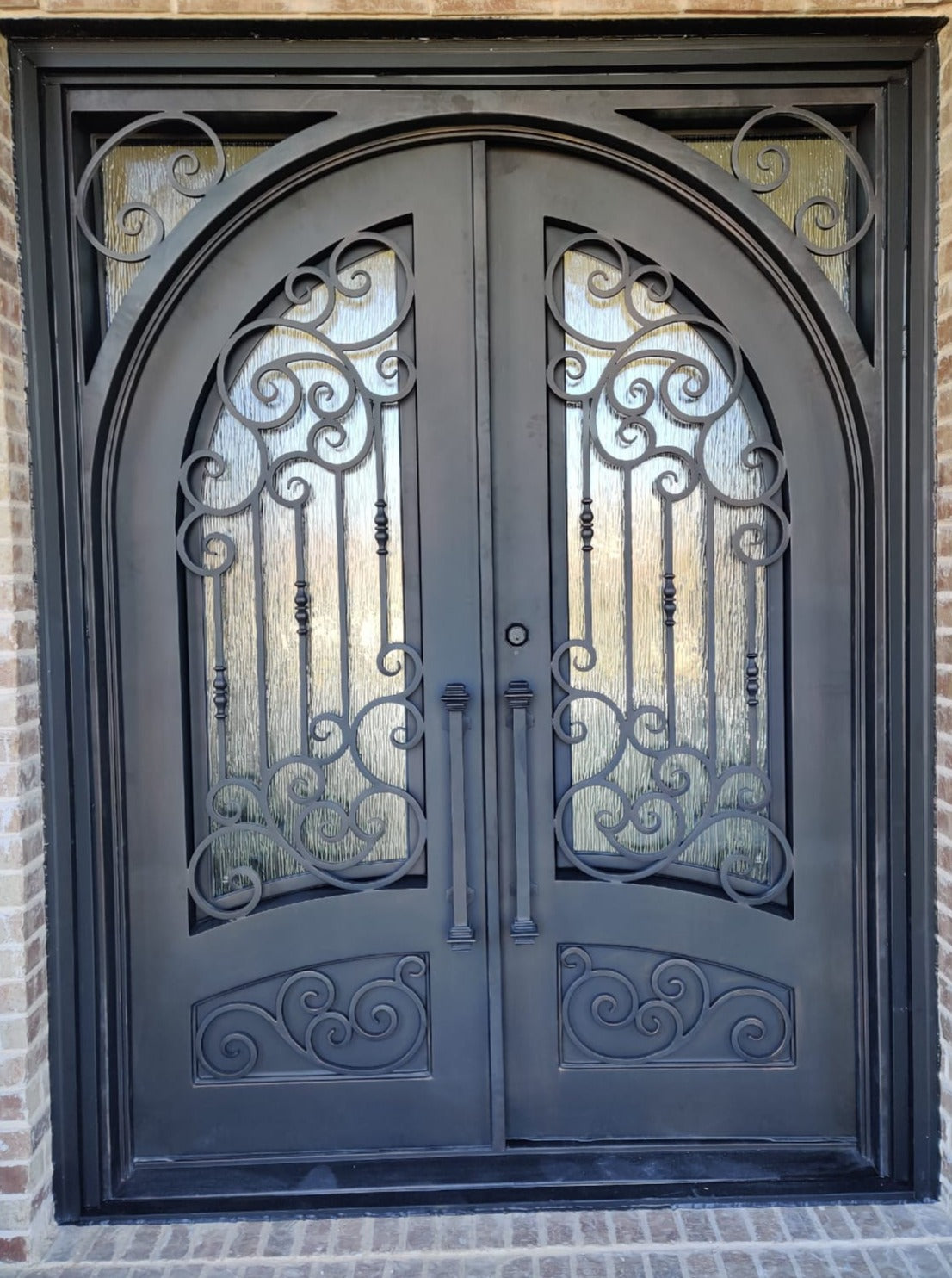 Calvert Model Double Front Entry Iron Door With Tempered Water Cube Glass Dark Bronze Finish