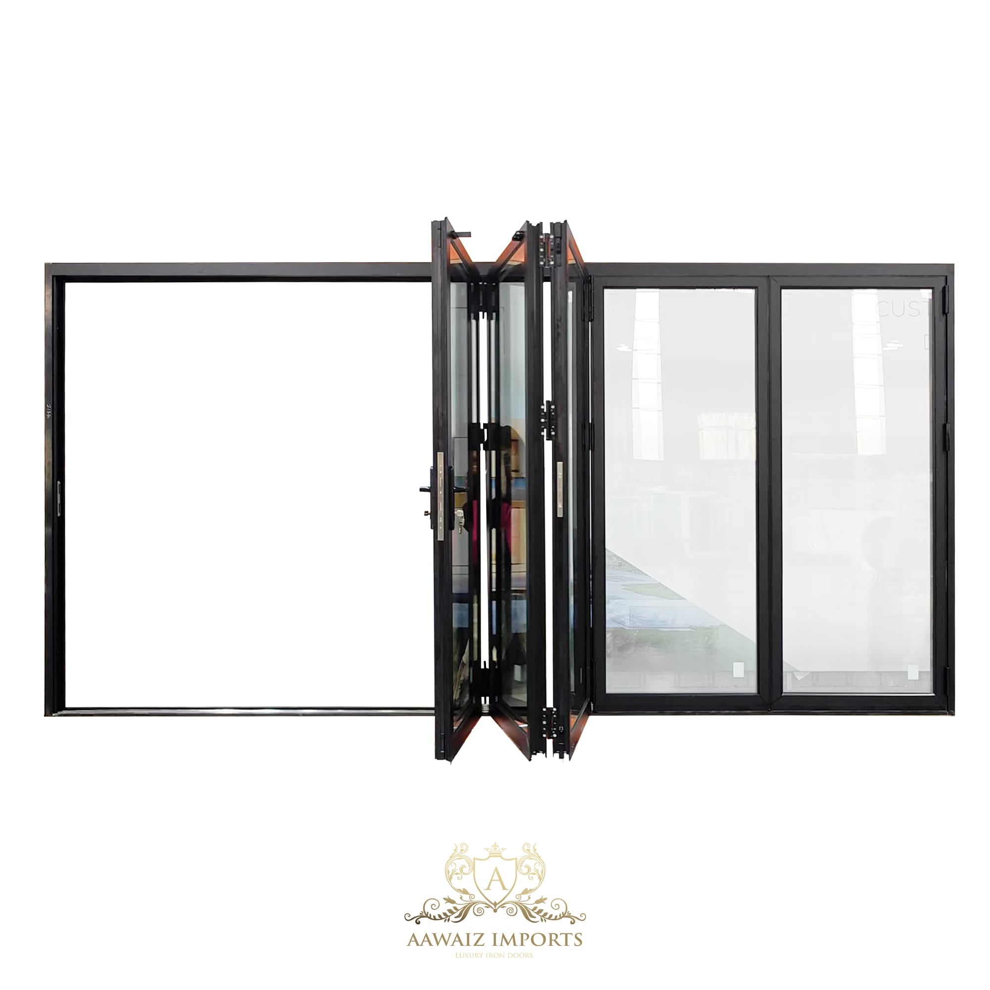 16 Ft Wide By 9 Ft Tall (192" By 108") Aluminum Bi Fold Patio Door Outswing Thermal Break Insulated Matt Black Finish