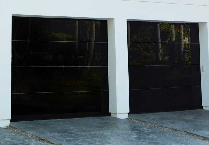 9 by 8 Full View Frameless Garage Door With Black Tinted Tempered Glass