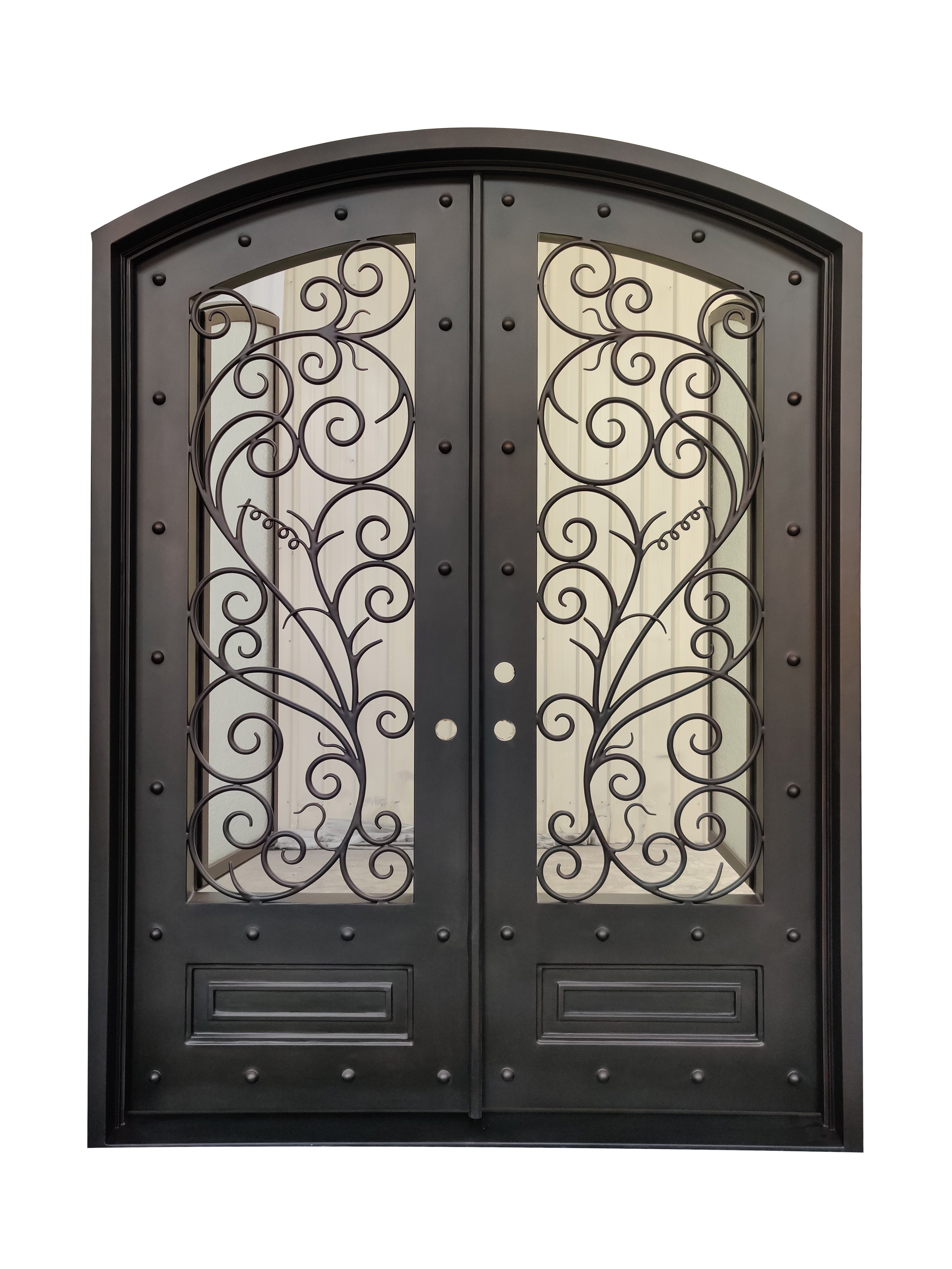 Crowley Model Double Front Entry Iron Door With Tempered Aqua Lite Glass Dark Bronze Finish - AAWAIZ IMPORTS