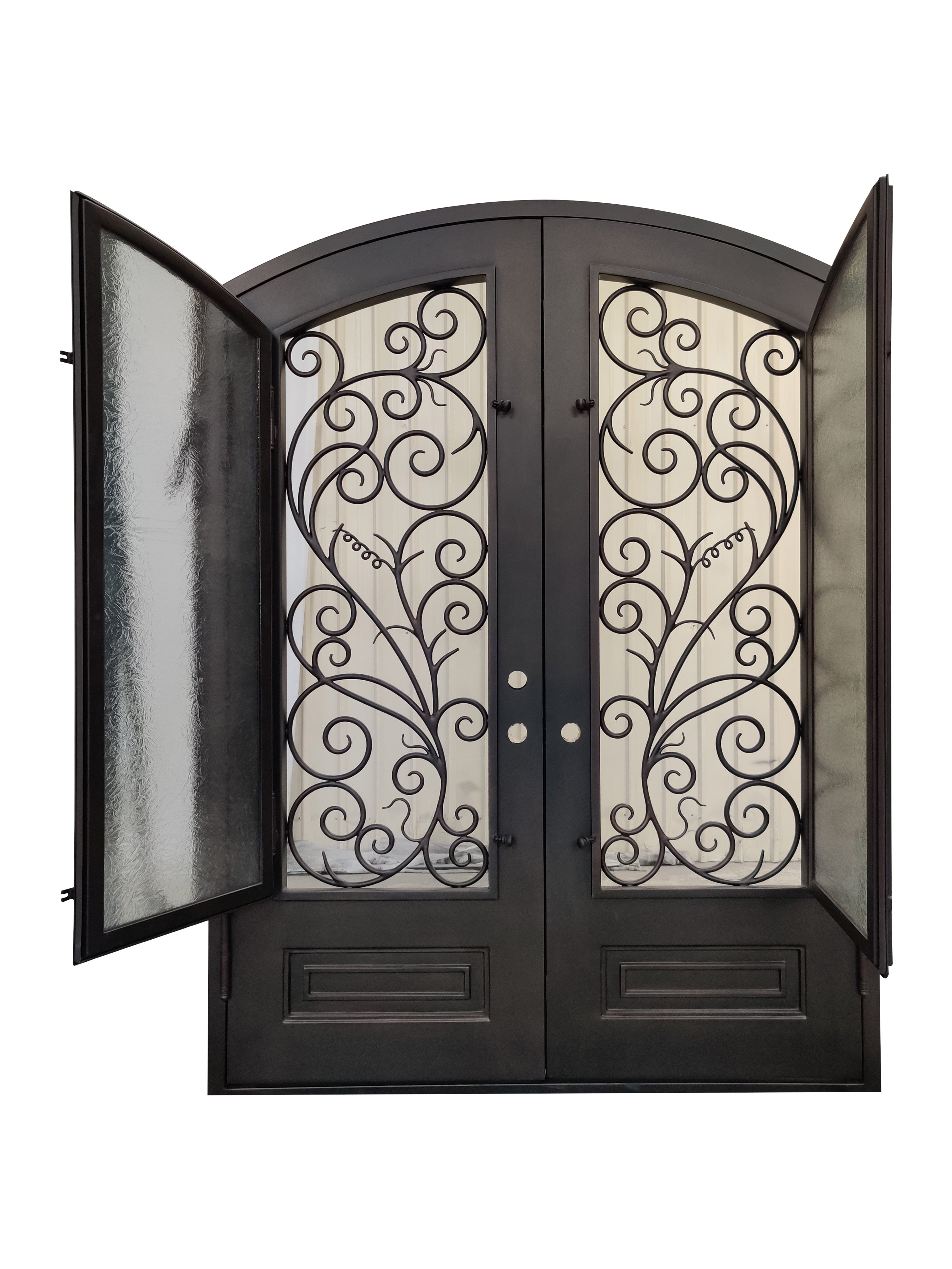 Crowley Model Double Front Entry Iron Door With Tempered Aqua Lite Glass Dark Bronze Finish - AAWAIZ IMPORTS