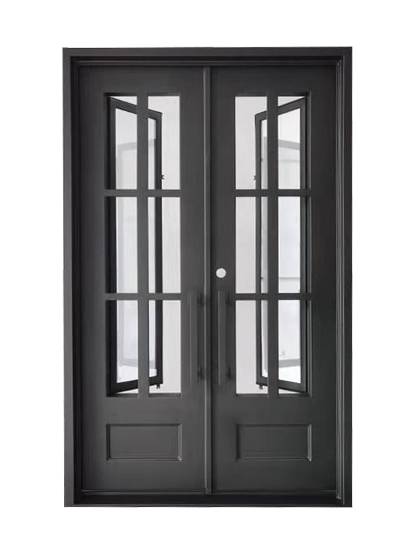 Boyd Model Double Front Entry Iron Door With Tempered Low E Clear Glass Matt Black Finish