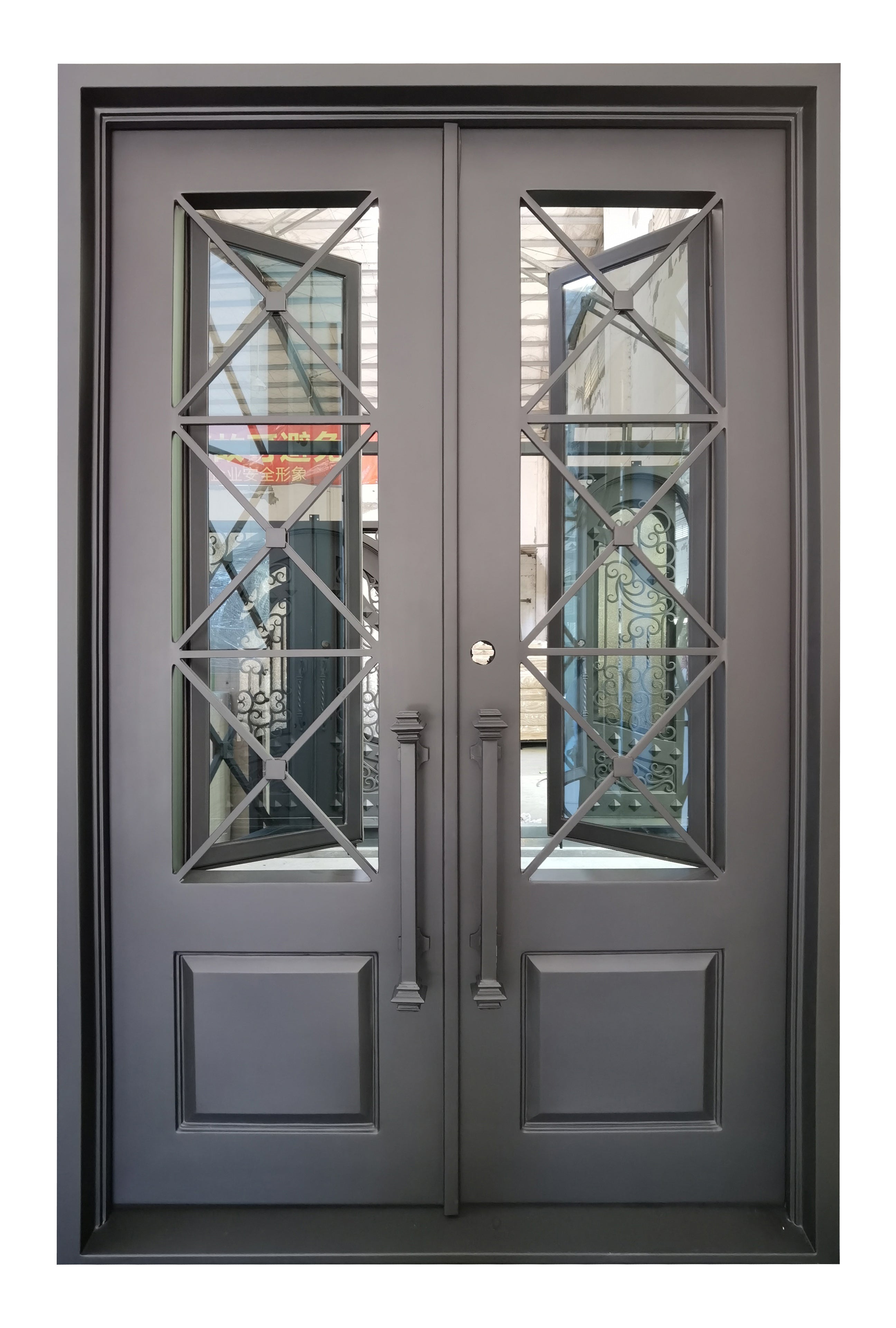 Rockport Model Double Front Entry Iron Door With Tempered Reflective Glass Matt Black Finish