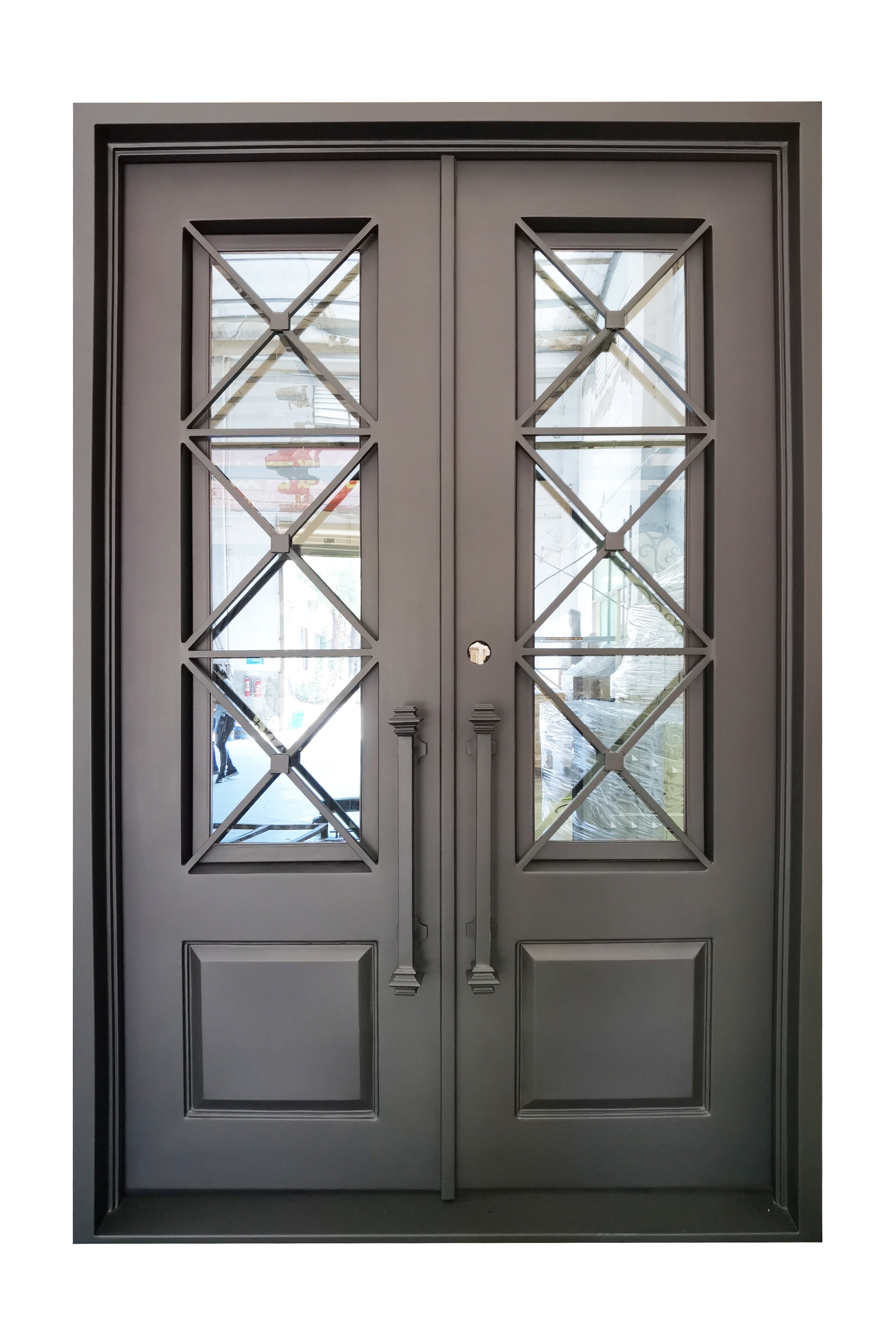 Rockport Model Double Front Entry Iron Door With Tempered Reflective Glass Matt Black Finish