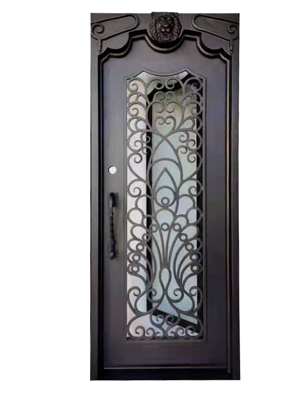 Parker Model Pre Hung Single Front Entry Wrought Iron Door With Rain Glass Dark Bronze Finish