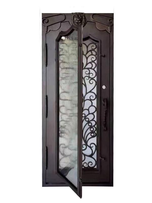 Parker Model Pre Hung Single Front Entry Wrought Iron Door With Rain Glass Dark Bronze Finish