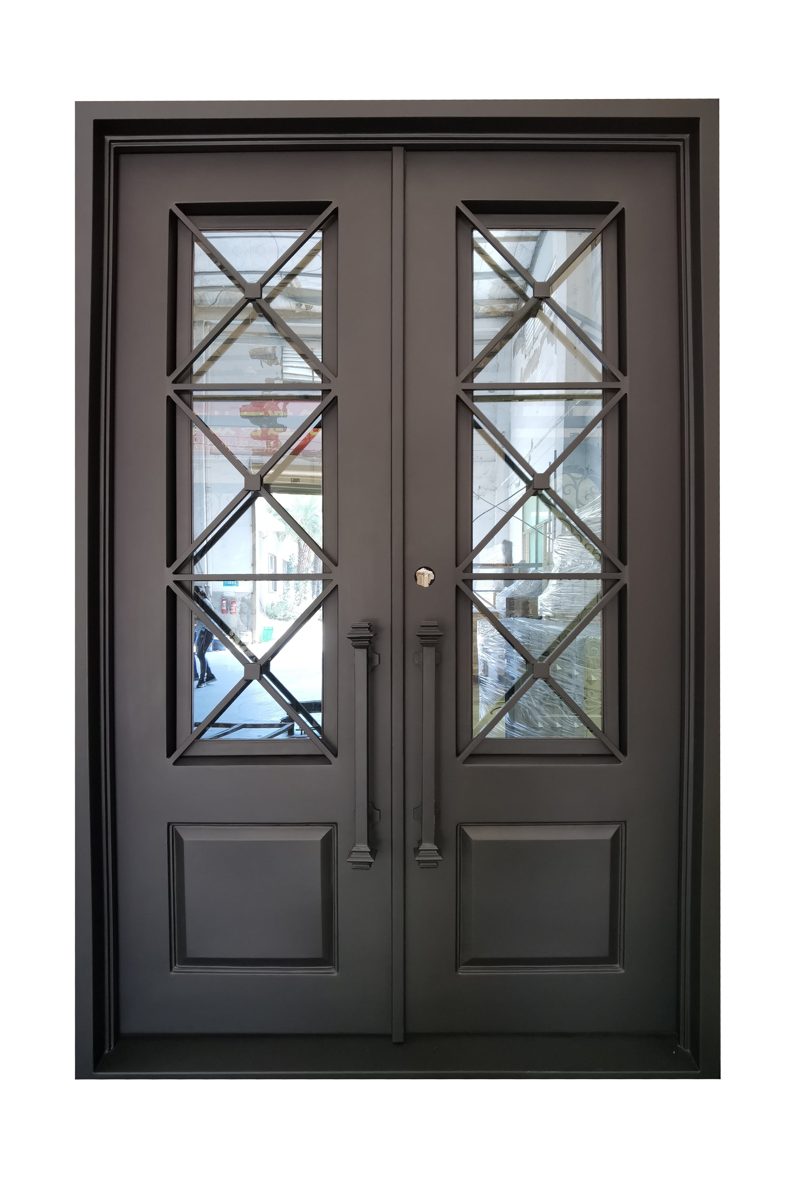 Rockport Model Double Front Entry Iron Door With Tempered Reflective Glass Matt Black Finish