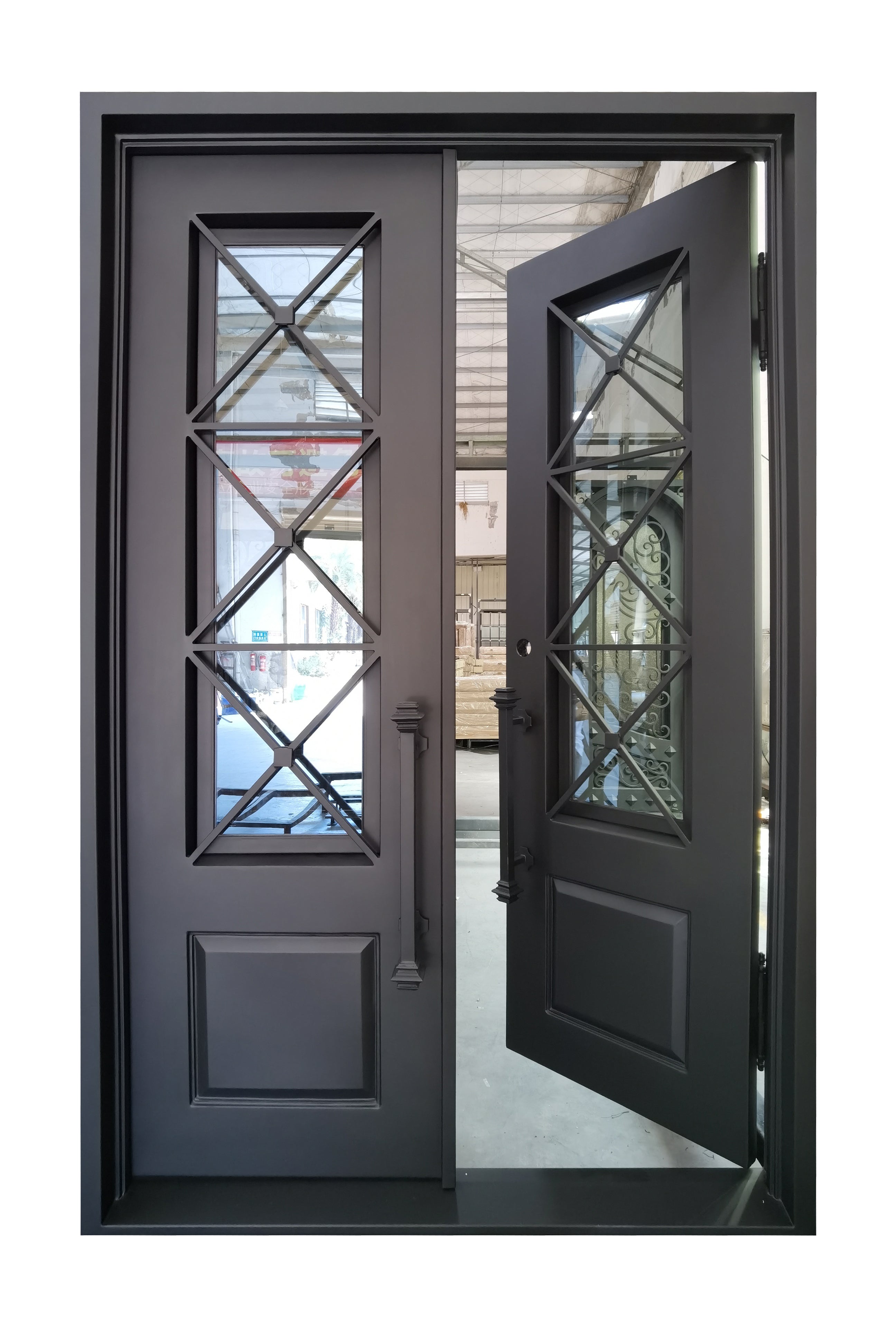 Rockport Model Double Front Entry Iron Door With Tempered Reflective Glass Matt Black Finish