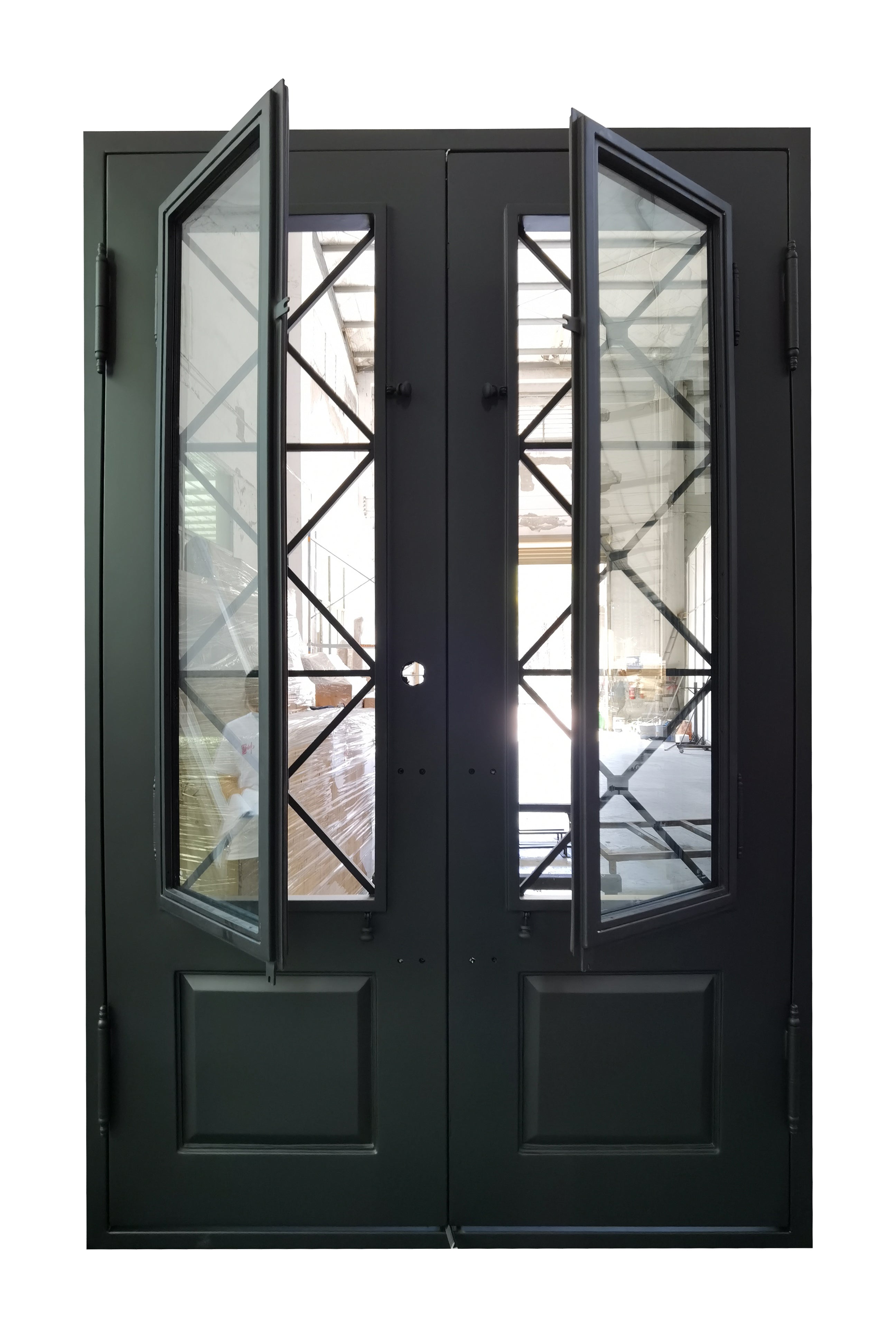 Rockport Model Double Front Entry Iron Door With Tempered Reflective Glass Matt Black Finish