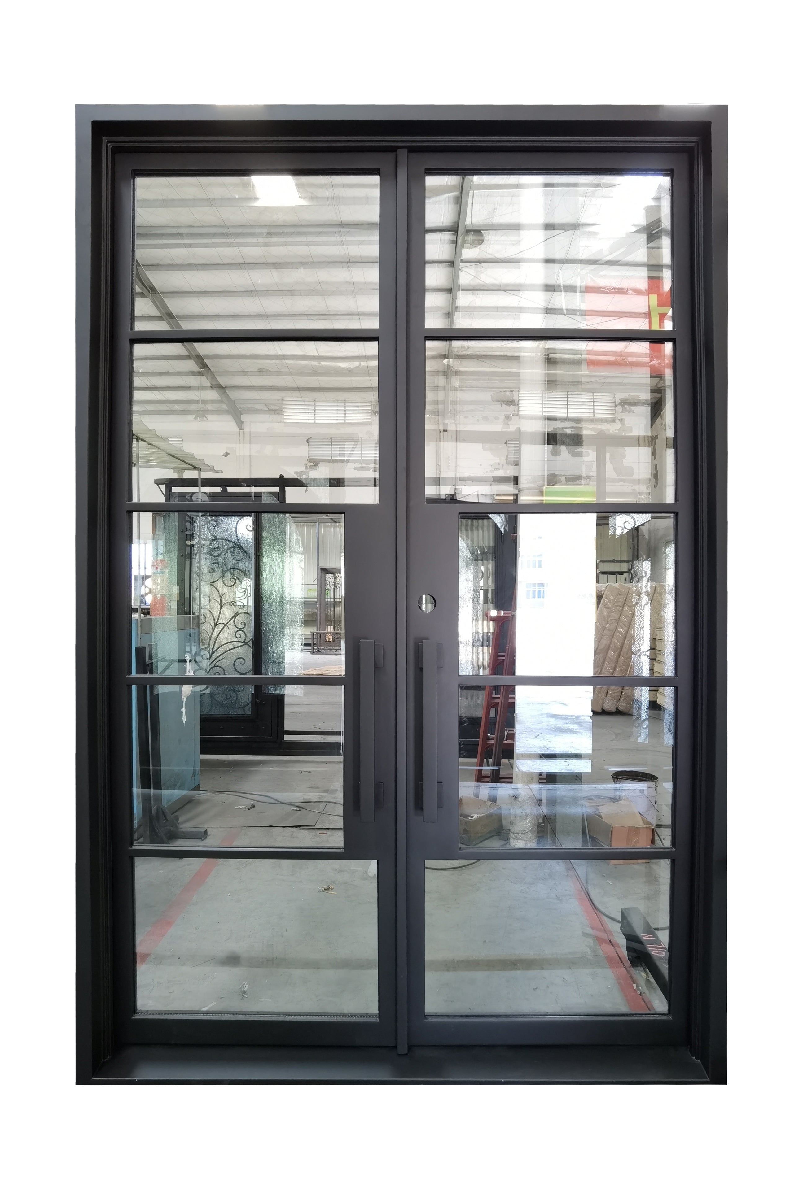 Frisco Model Double Front Entry Iron Door With Tempered Clear Low E Glass Matt Black Finish