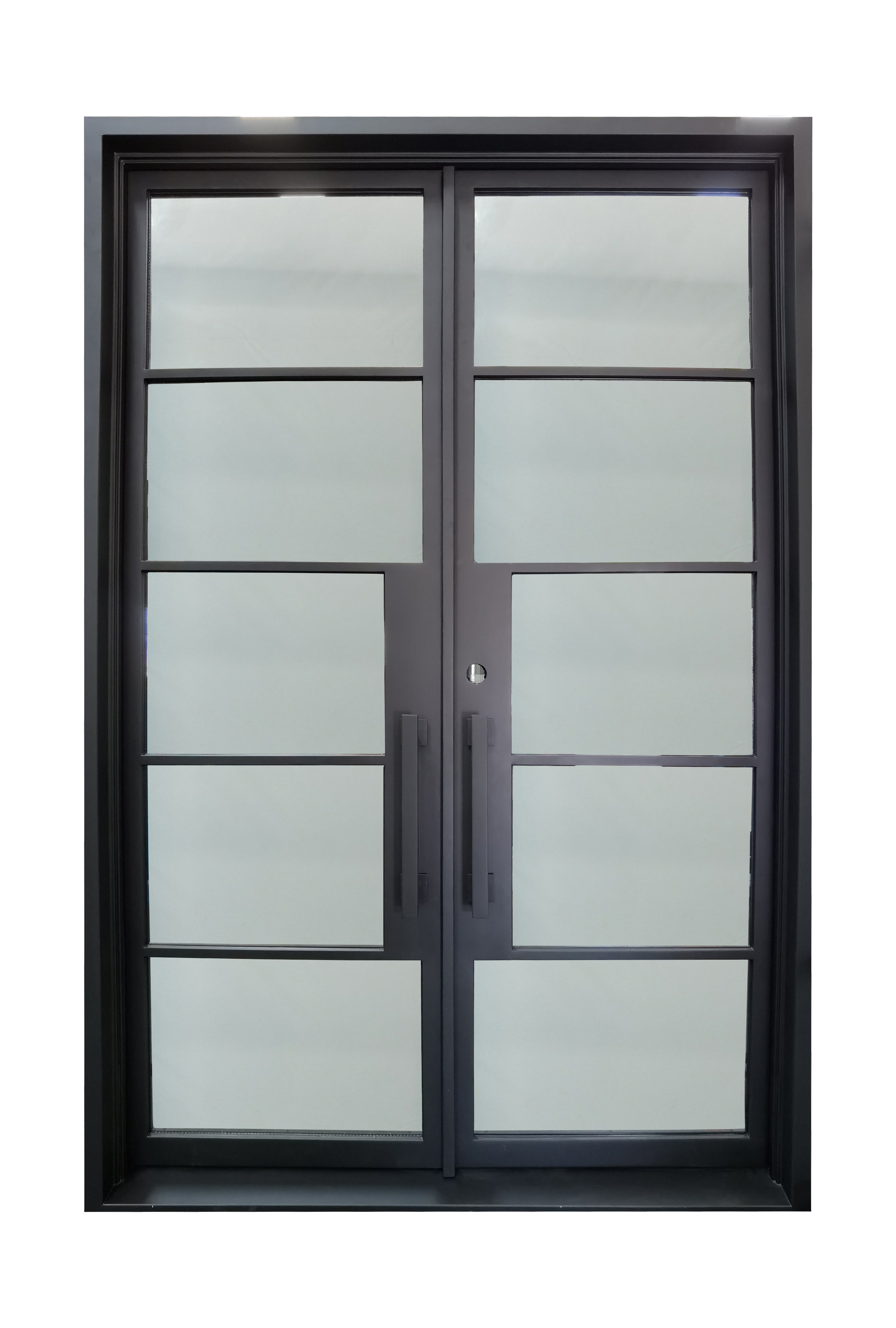Frisco Model Double Front Entry Iron Door With Tempered Clear Low E Glass Matt Black Finish