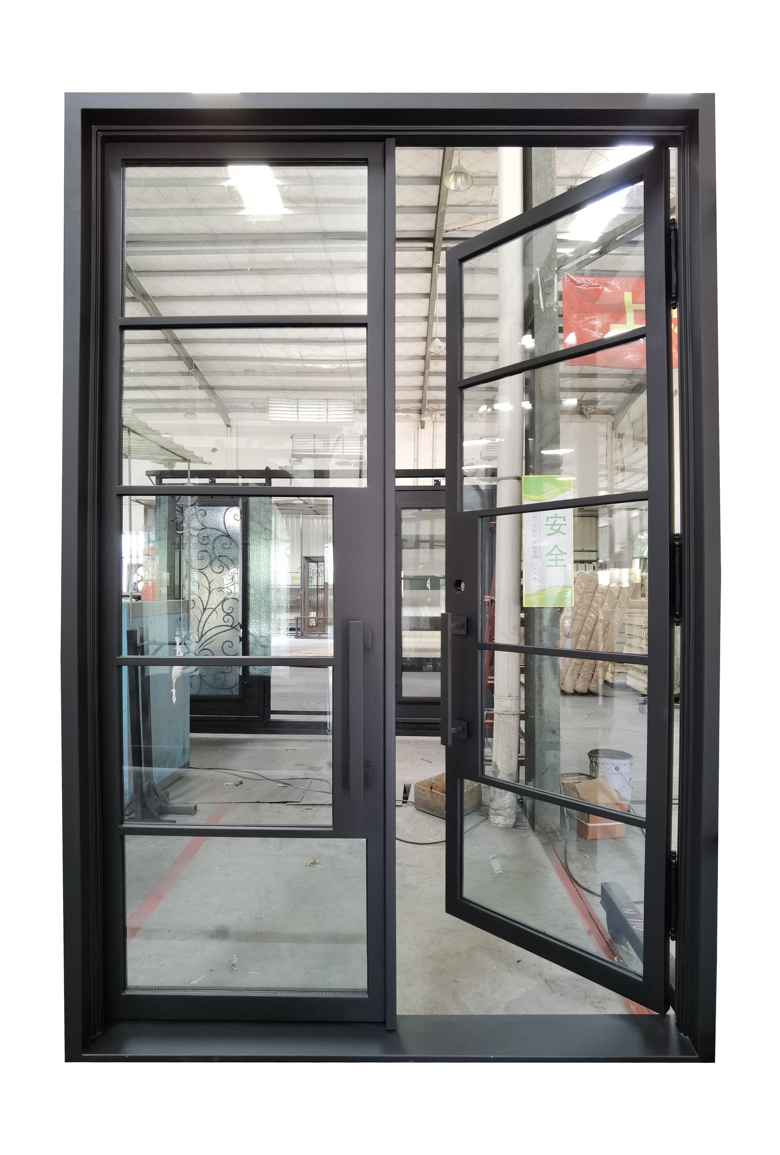 Frisco Model Double Front Entry Iron Door With Tempered Clear Low E Glass Matt Black Finish