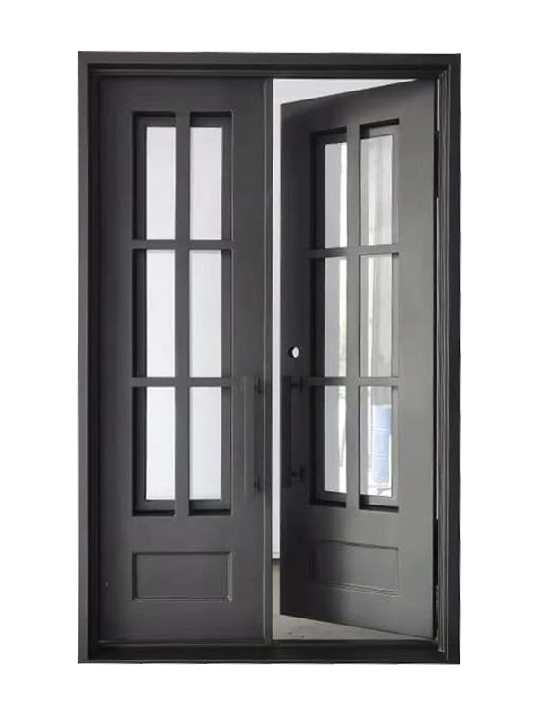 Boyd Model Double Front Entry Iron Door With Tempered Low E Clear Glass Matt Black Finish