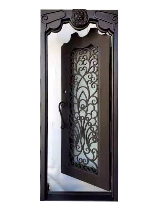 Parker Model Pre Hung Single Front Entry Wrought Iron Door With Rain Glass Dark Bronze Finish