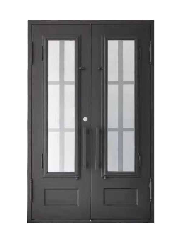 Boyd Model Double Front Entry Iron Door With Tempered Low E Clear Glass Matt Black Finish