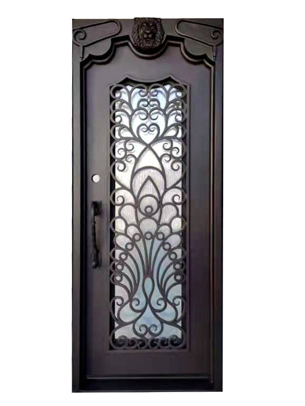 Parker Model Pre Hung Single Front Entry Wrought Iron Door With Rain Glass Dark Bronze Finish