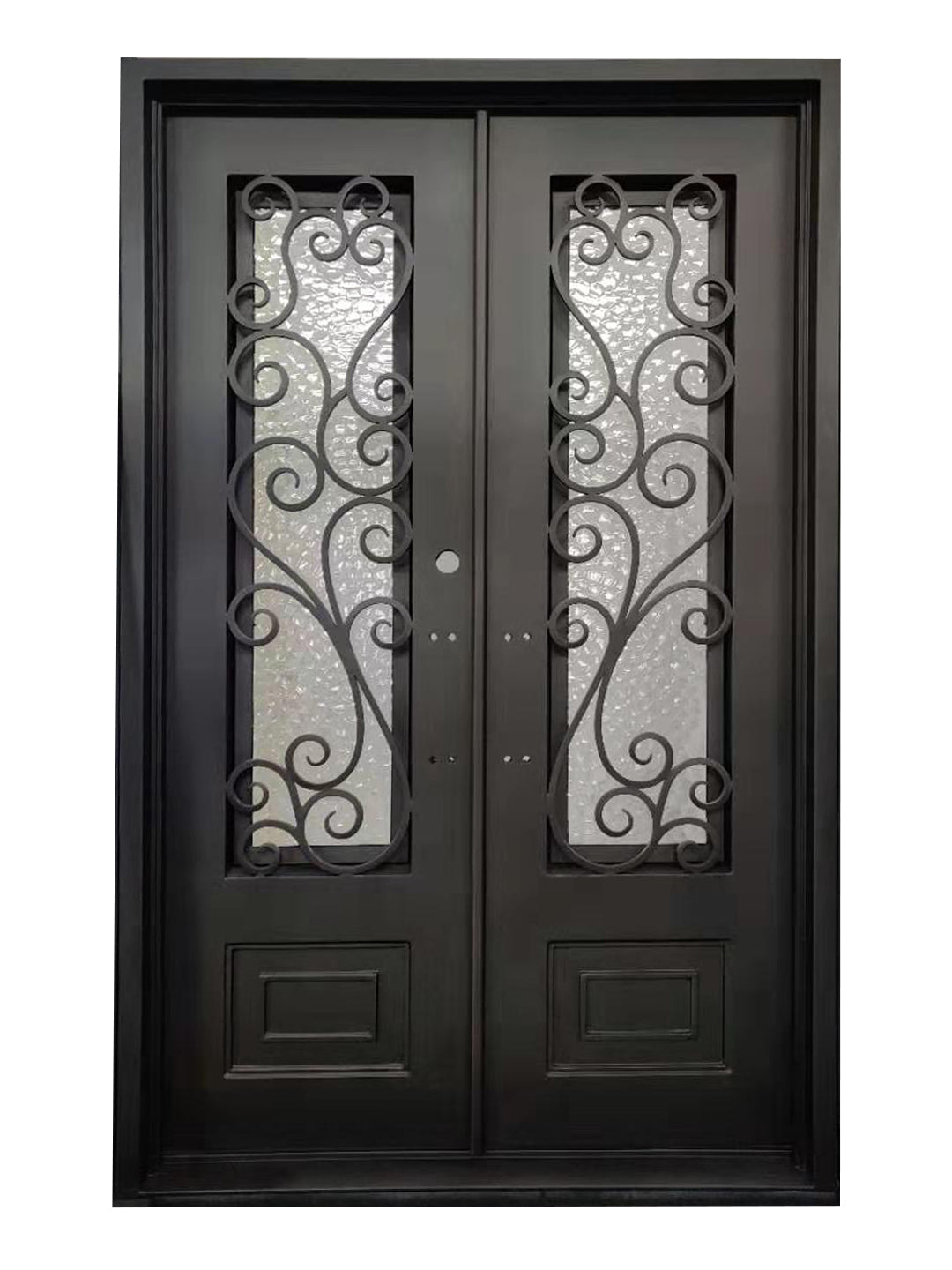 Abbott Model Double Front Entry Iron Door With Tempered Water Cube Glass Dark Bronze Finish - AAWAIZ IMPORTS