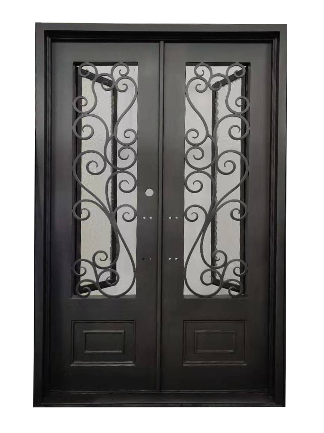 Abbott Model Double Front Entry Iron Door With Tempered Water Cube Glass Dark Bronze Finish - AAWAIZ IMPORTS