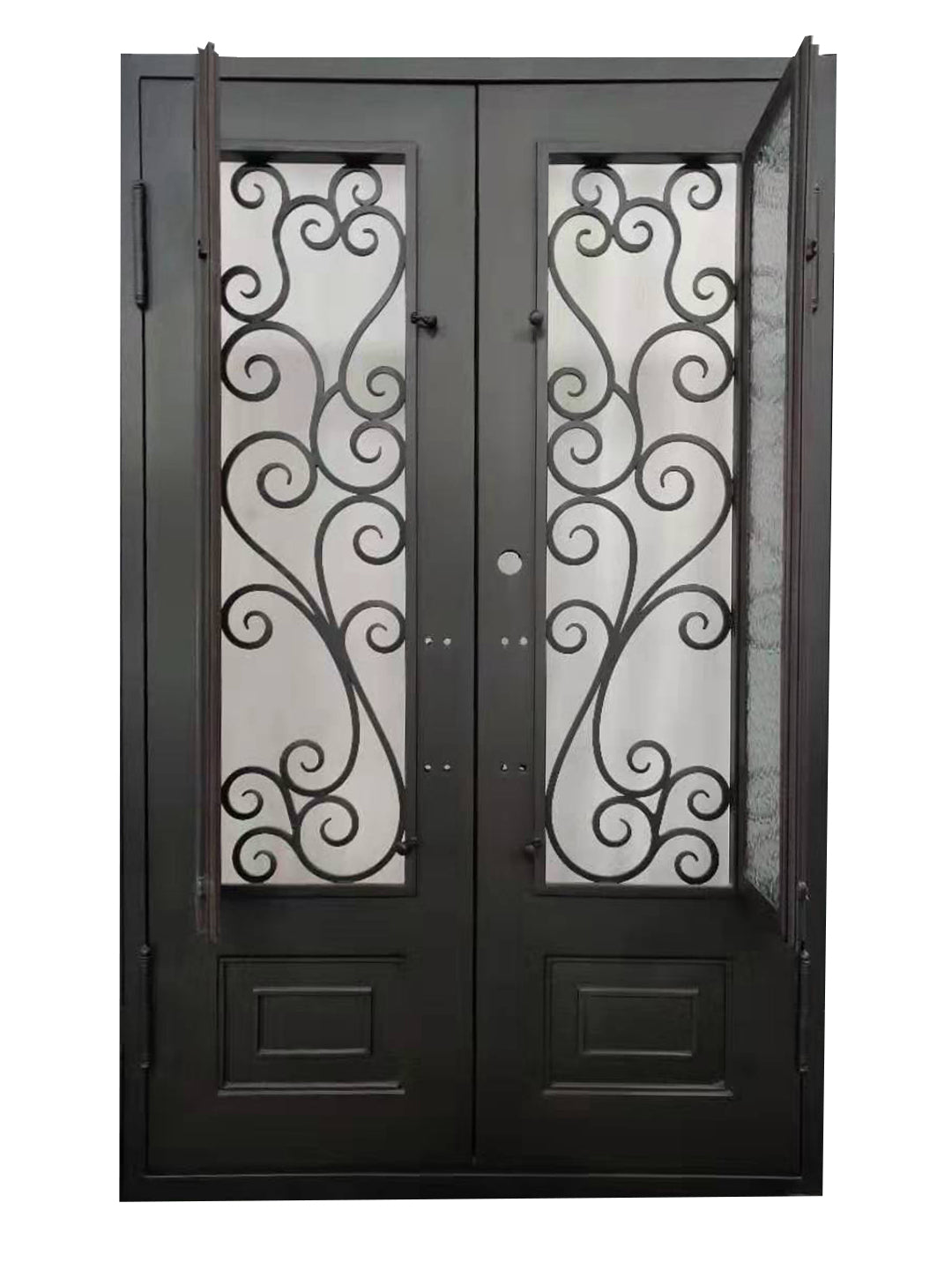 Abbott Model Double Front Entry Iron Door With Tempered Water Cube Glass Dark Bronze Finish - AAWAIZ IMPORTS