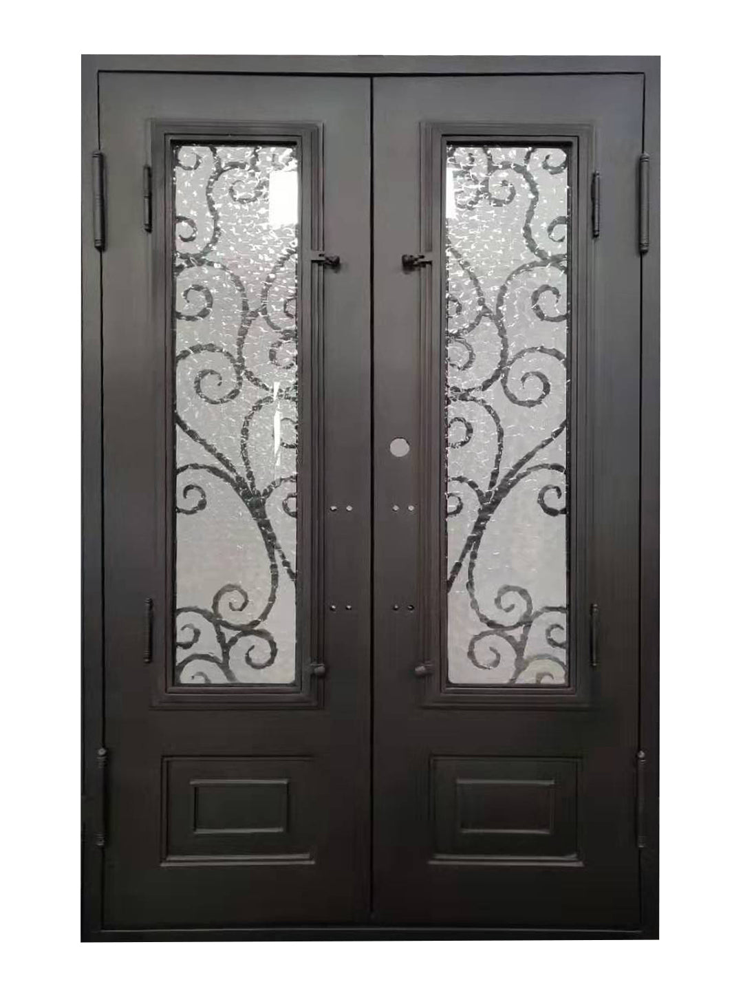 Abbott Model Double Front Entry Iron Door With Tempered Water Cube Glass Dark Bronze Finish - AAWAIZ IMPORTS