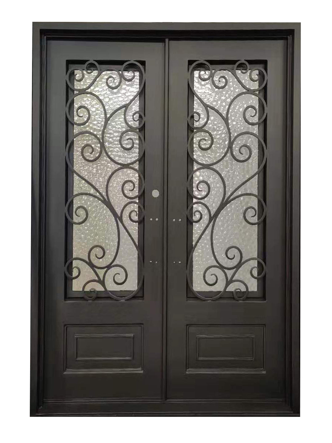 Abbott Model Double Front Entry Iron Door With Tempered Water Cube Glass Dark Bronze Finish - AAWAIZ IMPORTS