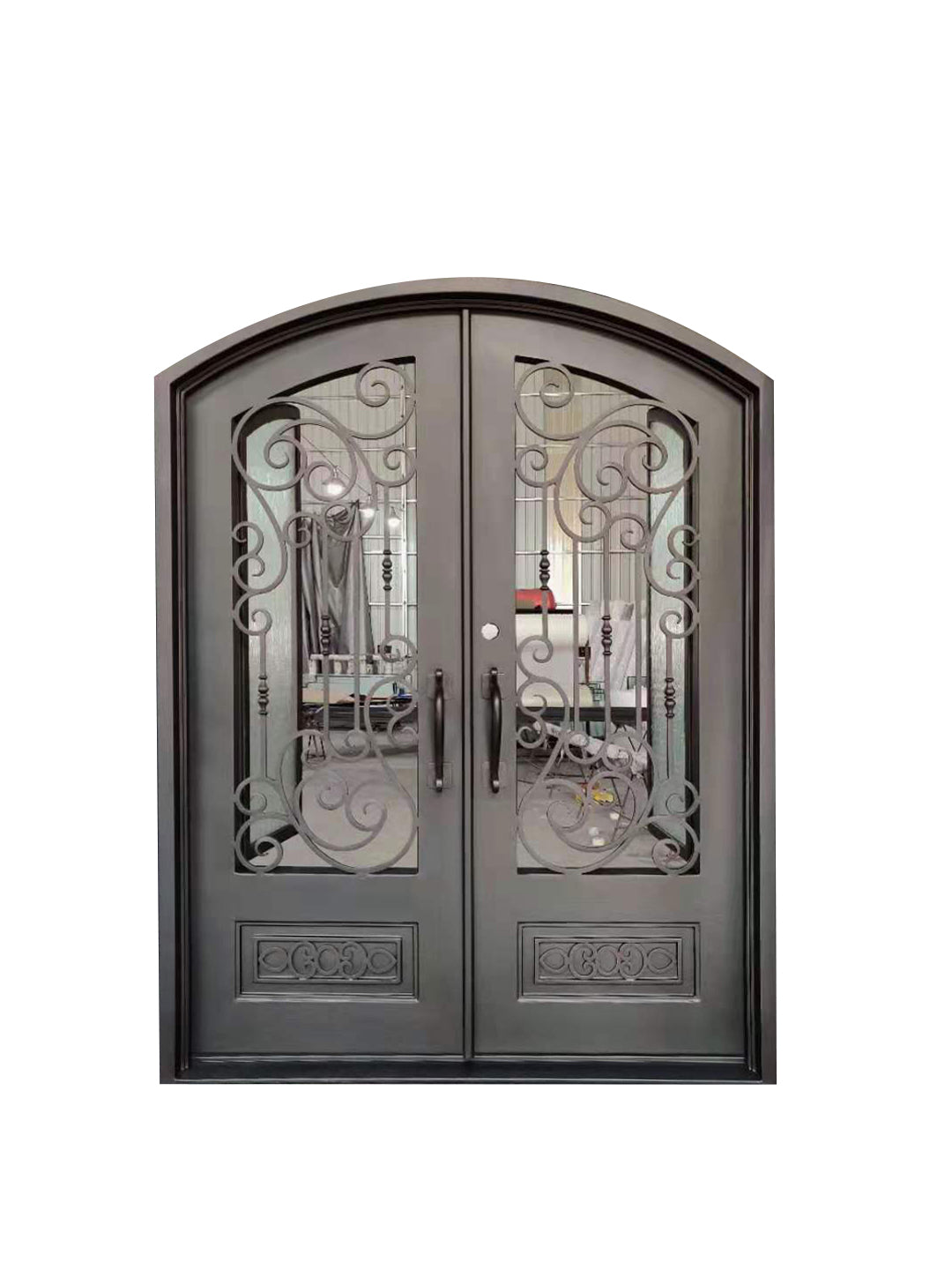 Alvarado Model Double Front Entry Iron Door With Tempered Rain Glass Dark Bronze Finish - AAWAIZ IMPORTS