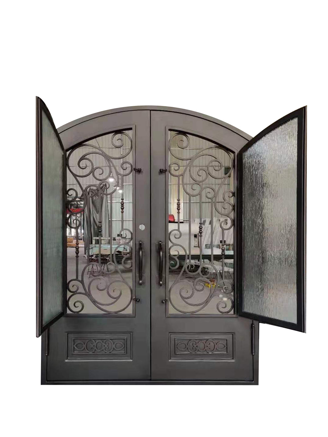 Alvarado Model Double Front Entry Iron Door With Tempered Rain Glass Dark Bronze Finish - AAWAIZ IMPORTS