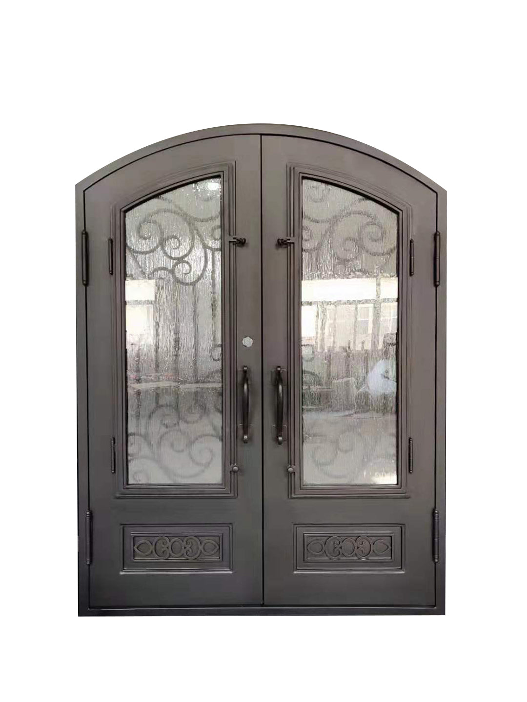 Alvarado Model Double Front Entry Iron Door With Tempered Rain Glass Dark Bronze Finish - AAWAIZ IMPORTS