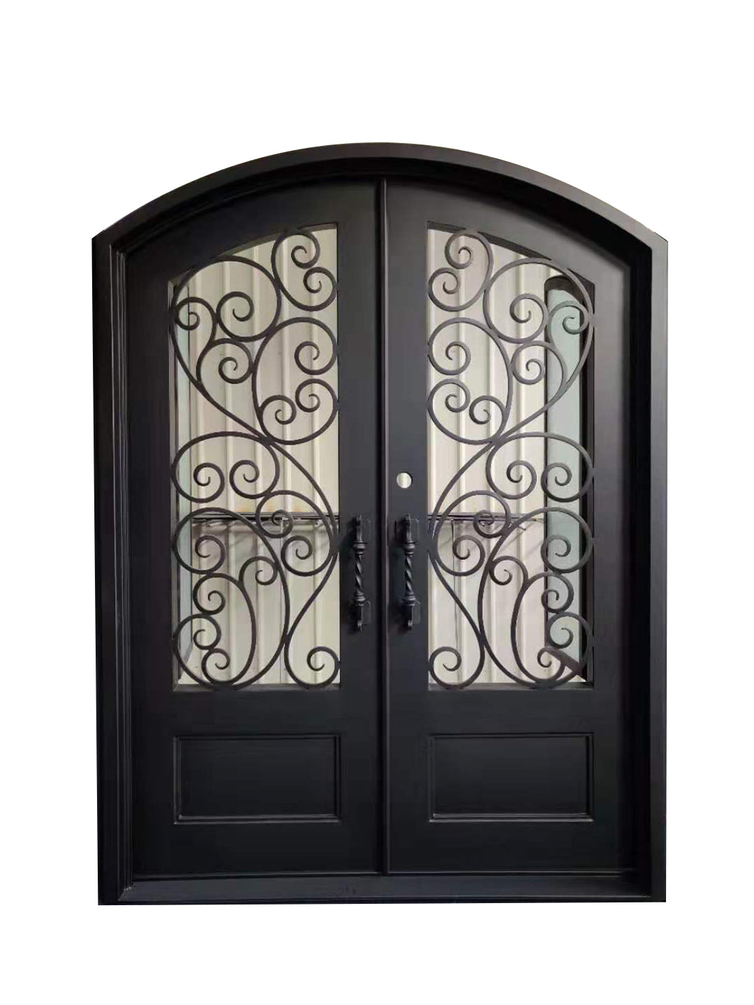 Amarillo Model Double Front Entry Iron Door With Tempered Rain Glass Dark Bronze Finish - AAWAIZ IMPORTS