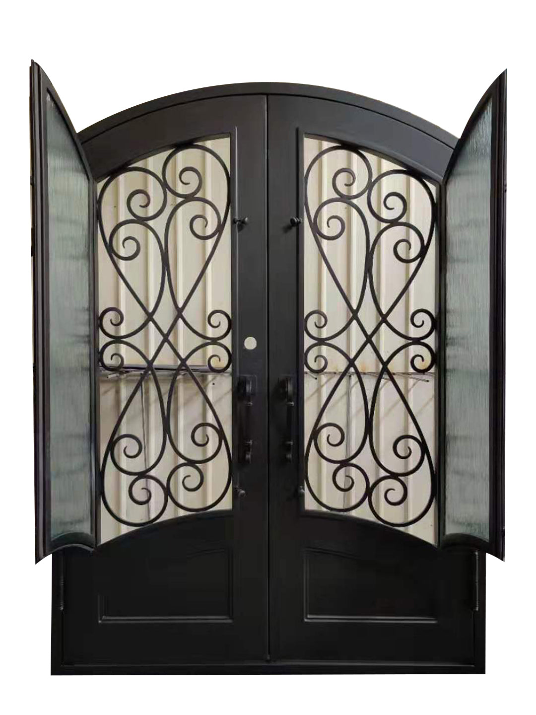 Azle Model Double Front Entry Iron Door With Tempered Rain Glass Dark Bronze Finish - AAWAIZ IMPORTS