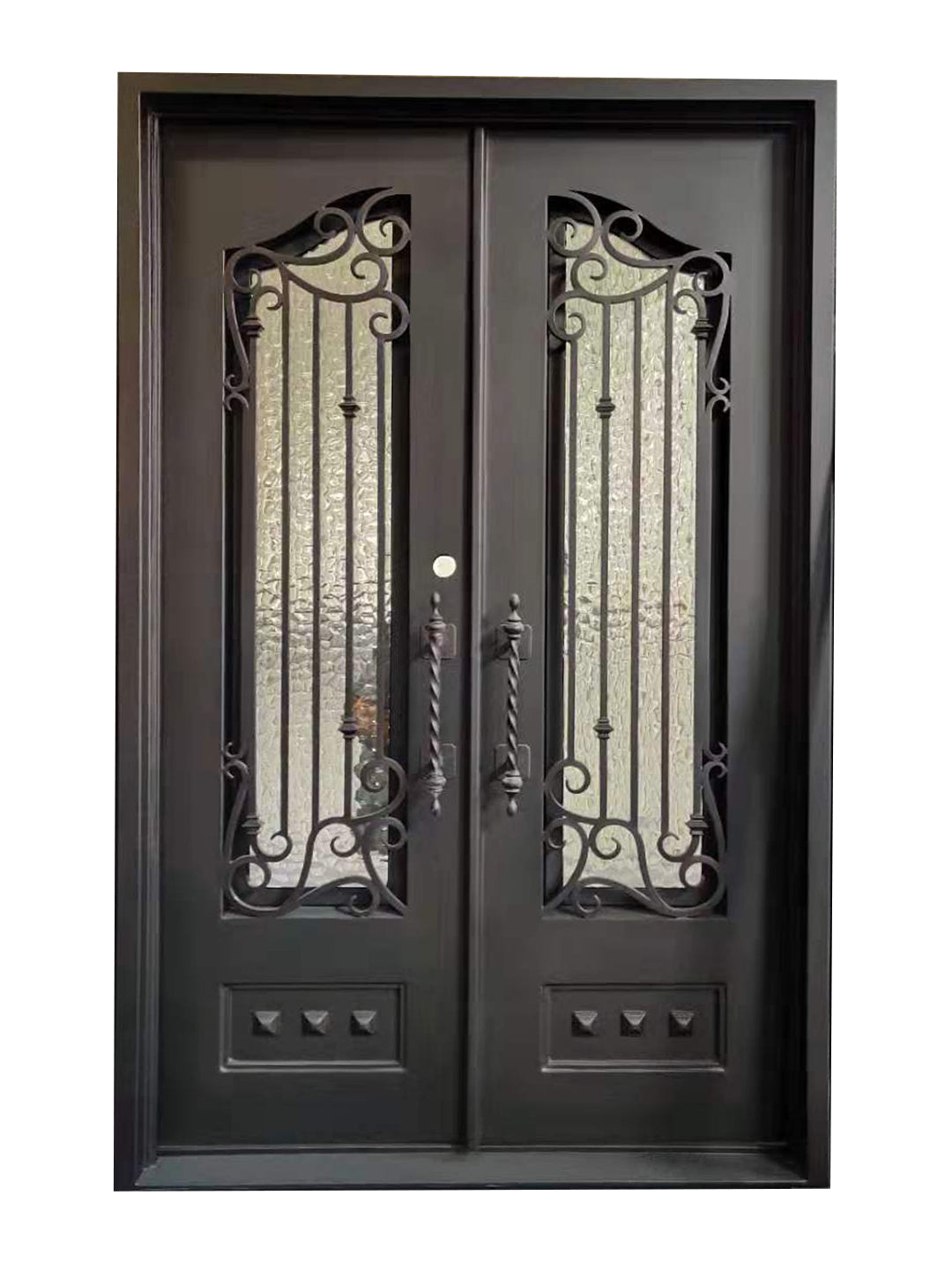 Bailey Model Double Front Entry Iron Door With Tempered Water Cube Glass Dark Bronze Finish - AAWAIZ IMPORTS