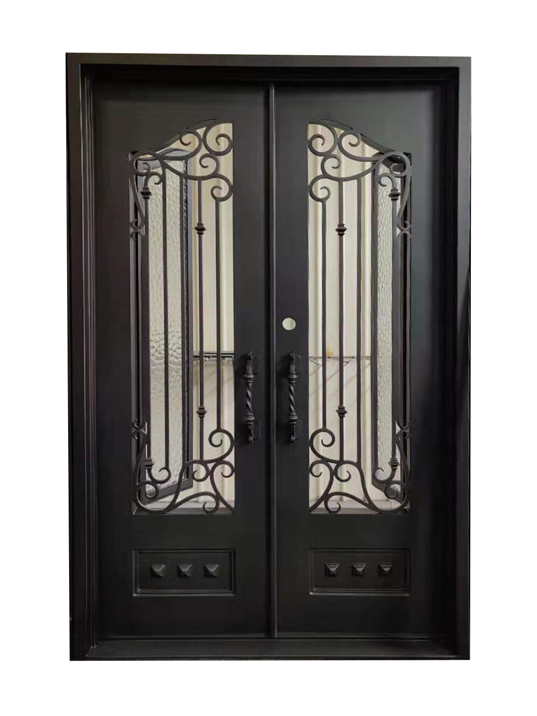 Bailey Model Double Front Entry Iron Door With Tempered Water Cube Glass Dark Bronze Finish - AAWAIZ IMPORTS