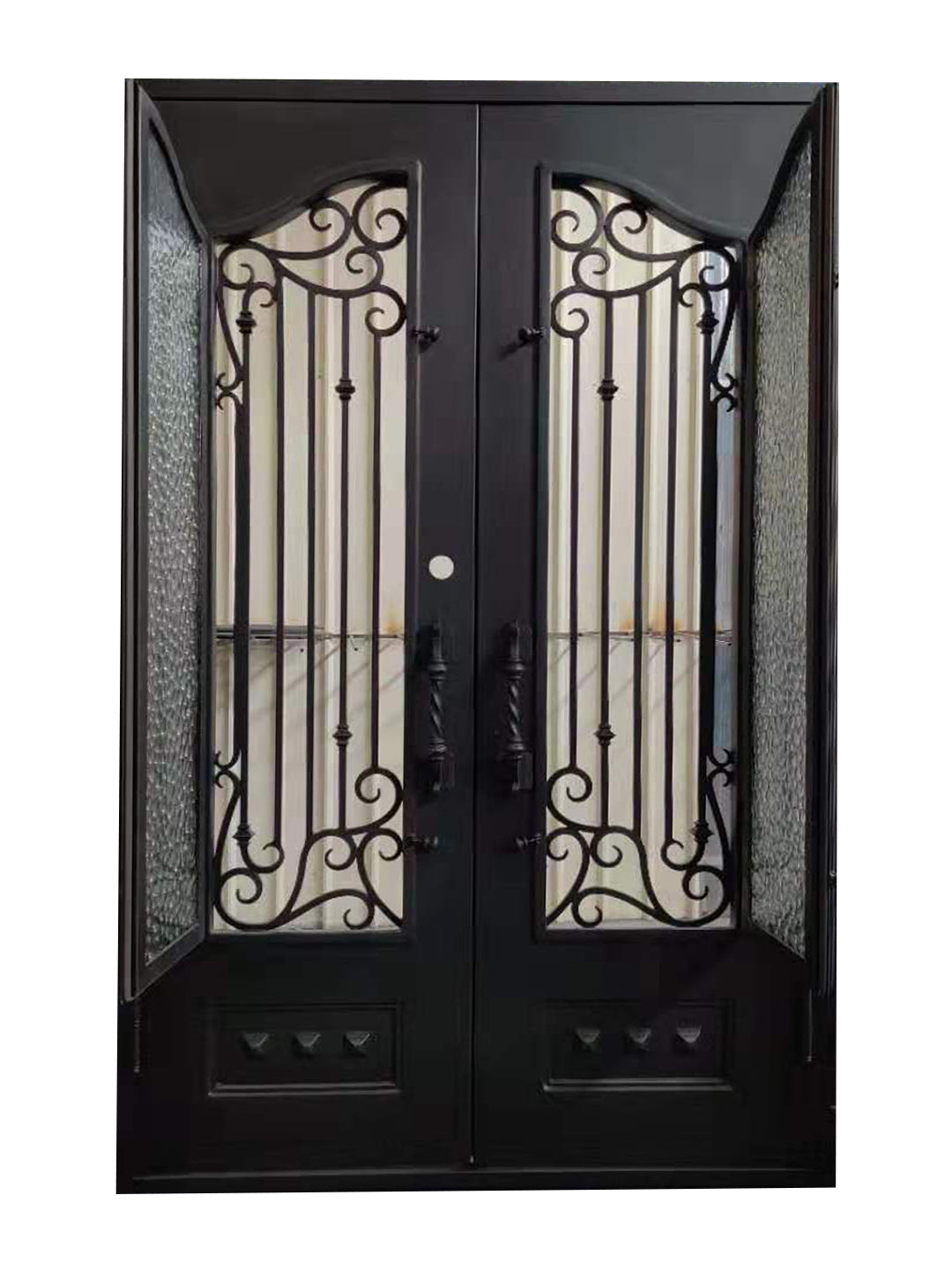 Bailey Model Double Front Entry Iron Door With Tempered Water Cube Glass Dark Bronze Finish - AAWAIZ IMPORTS