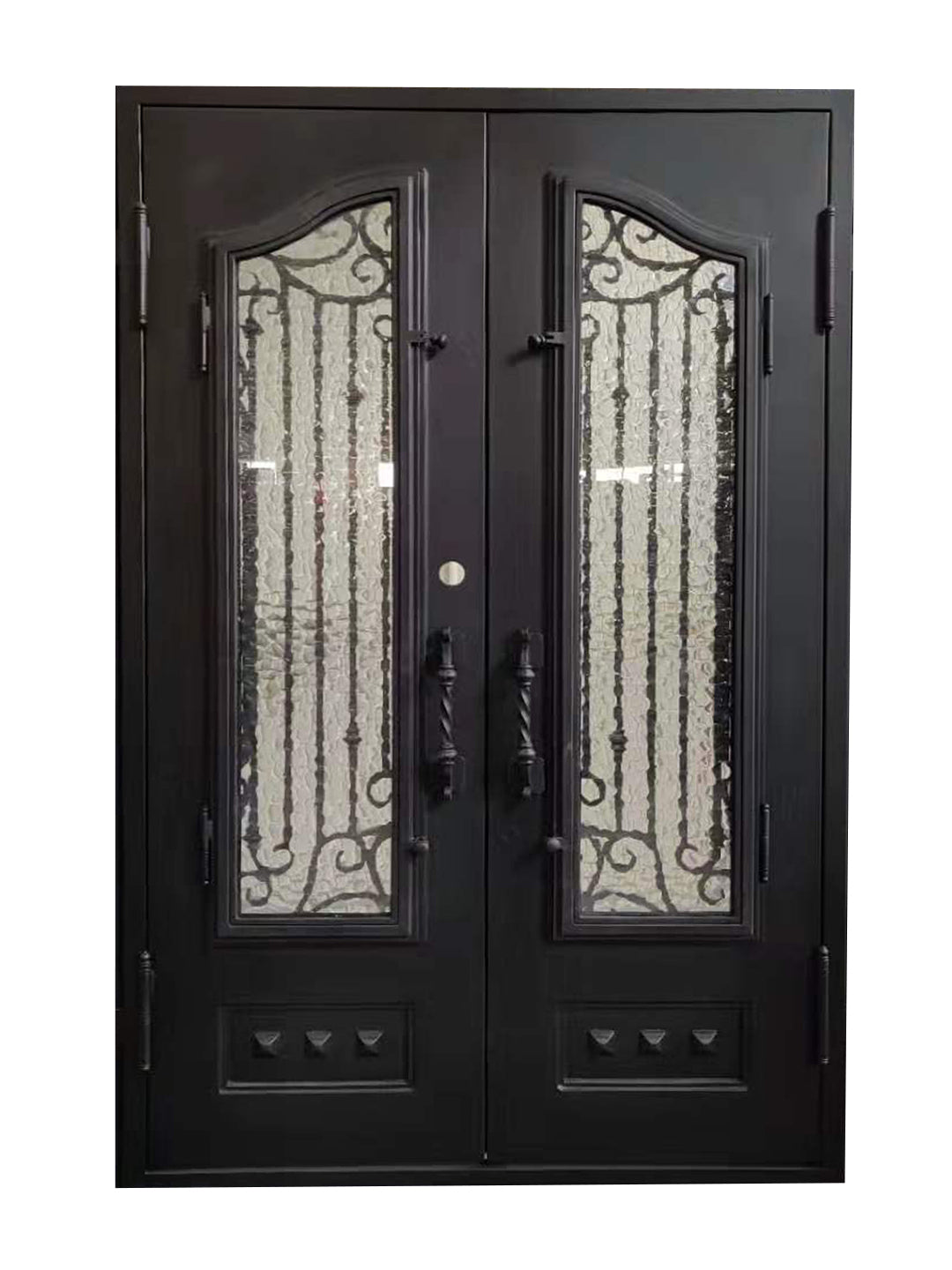 Bailey Model Double Front Entry Iron Door With Tempered Water Cube Glass Dark Bronze Finish - AAWAIZ IMPORTS