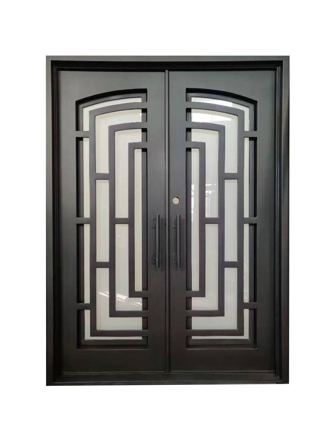 Belton Model Double Front Entry Iron Door With Tempered Frosted Glass Dark Bronze Finish - AAWAIZ IMPORTS