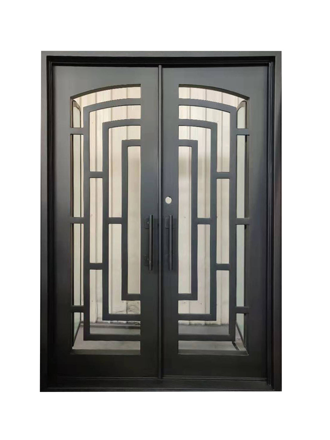 Belton Model Double Front Entry Iron Door With Tempered Frosted Glass Dark Bronze Finish - AAWAIZ IMPORTS