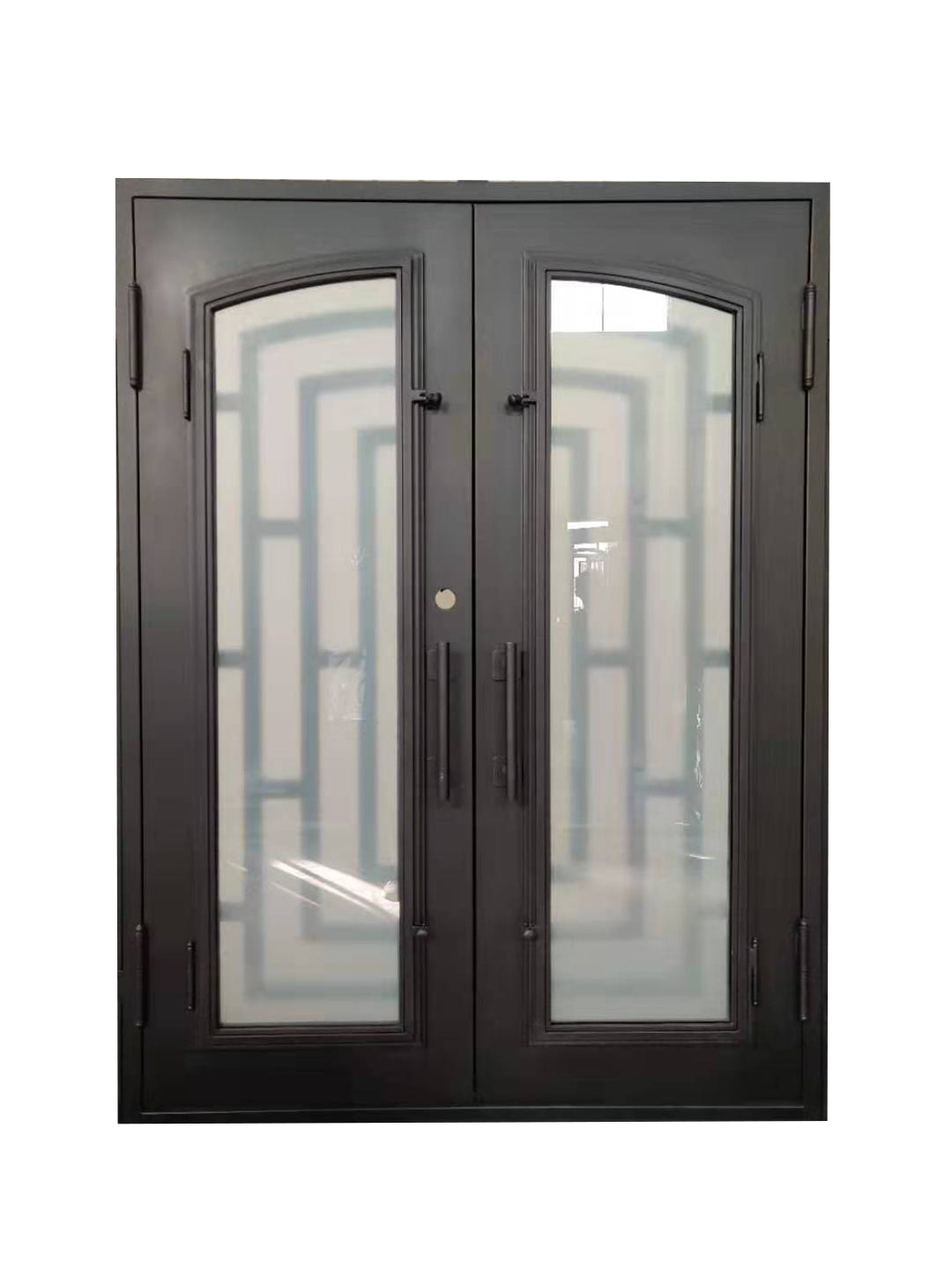 Belton Model Double Front Entry Iron Door With Tempered Frosted Glass Dark Bronze Finish - AAWAIZ IMPORTS