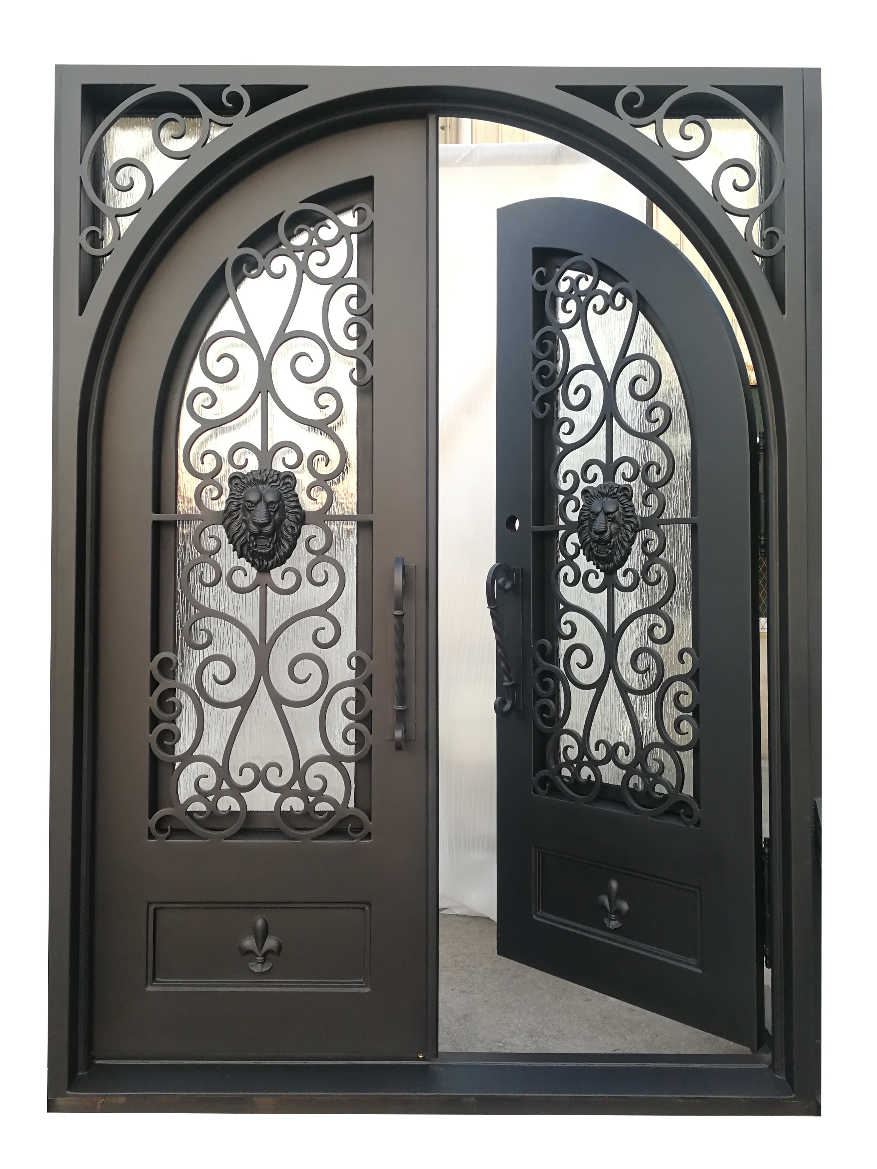 Coppell Model Double Front Entry Iron Door With Tempered Rain Glass Dark Bronze Finish - AAWAIZ IMPORTS